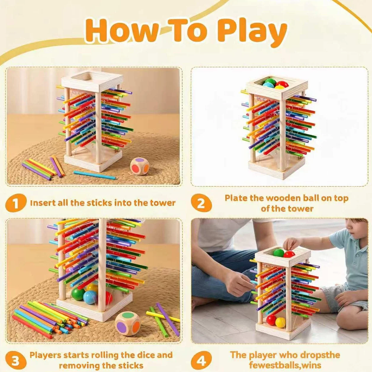 Giochi Montessori 3 4 5 6 Anni, Gioco Montessori 6 Anni in Legno con 30 Bastoncini Colorati e Dadi, Giochi per Bambini per Motricità Fine, Regalo Bambino Maschio e Femmina, Attività Familiare