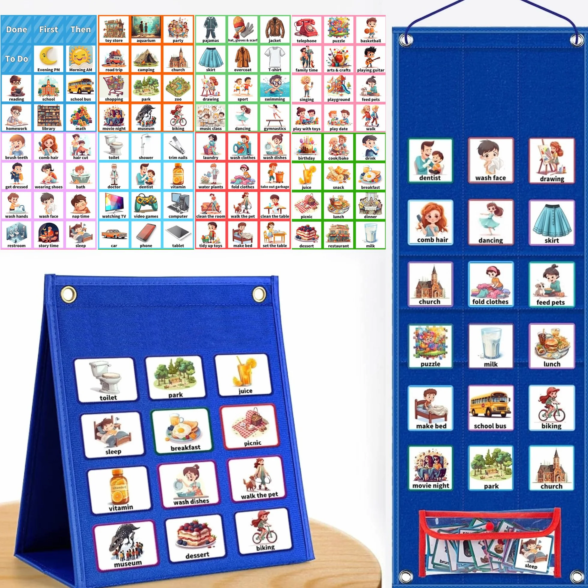Orario Visivo Grafico Giornaliero Routine per Bambini, Routine Piano Bambini Giornaliera con 96 Carte, Agenda Visiva Bambini Autismo Libro, Calendario Didattico Inglese, Scuola Domestica（Blu）