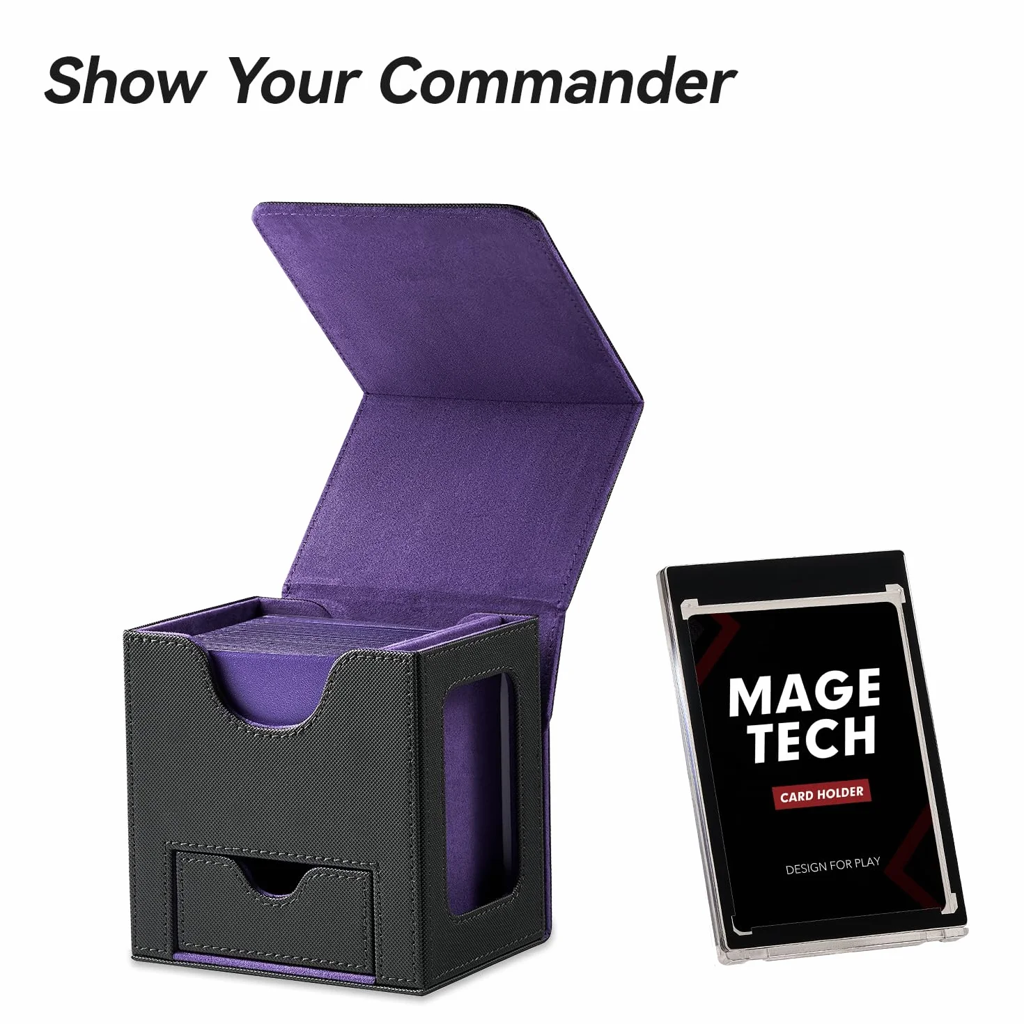 Mage Tech Commander Deck Box per MTG - Design Brevettato, Vetrina Commander, Adatta a 100 Carte Double-Sleeve, Porta Carte Magnetico da 35pt & Vassoio per Dadi - Nero/Viola