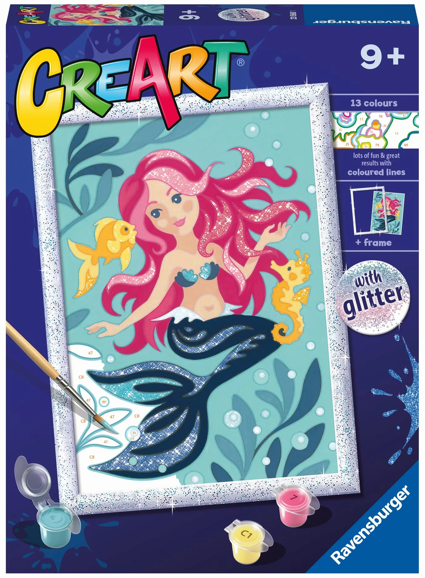 Ravensburger CreArt: Sirenetta – Dipingere con i Numeri per Bambini 9+ Anni, Kit Pittura con Tavole, Cornice con Brillantini, Pennello e Colori Inclusi, 18 x 24 cm, Idee Regalo