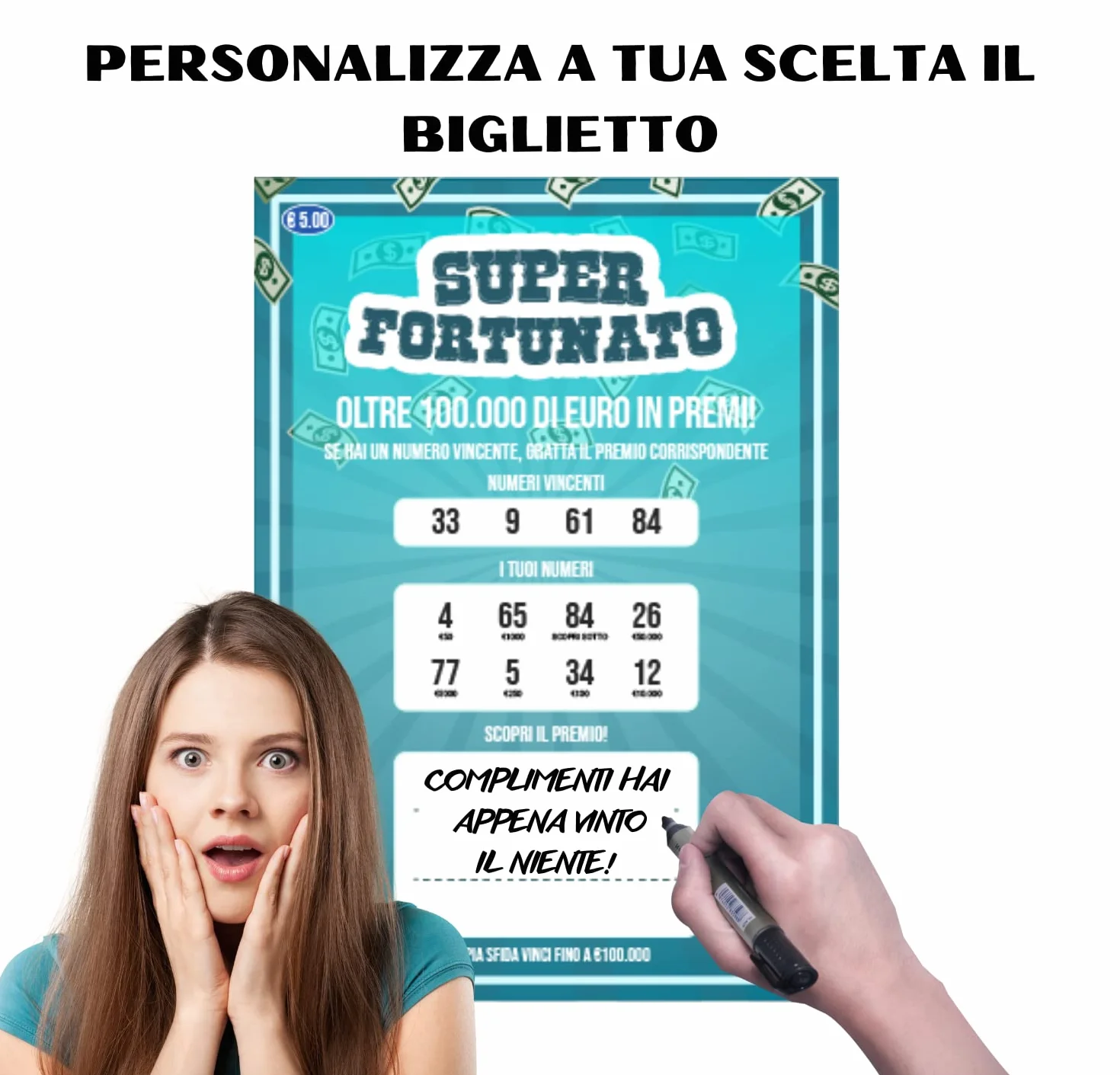 MEIN Gratta e Vinci Personalizzato Scherzo 2 Biglietti Finti Vincenti 1 da 100K L'Altro Regalo Il Niente con Spazio per Scrivere Idee Scherzi Divertenti