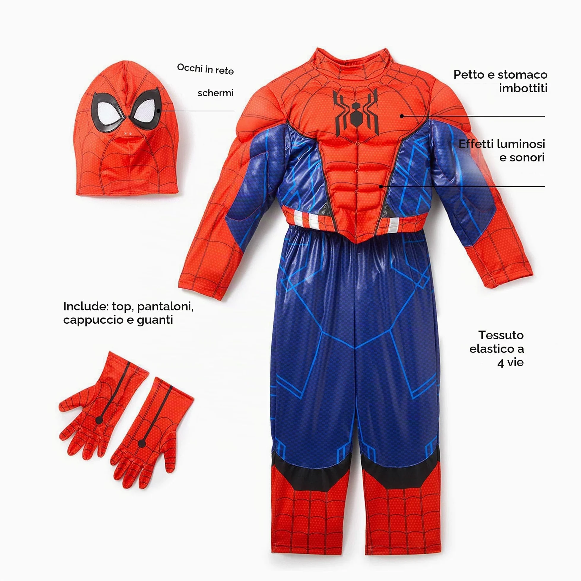 Disney Store Costume Ufficiale Spider-Man per Bimbi, Costume da Supereroe Marvel con Imbottitura Muscolare, Maschera, Guanti, Effetti sonori e Funzione Ragnatela Luminosa