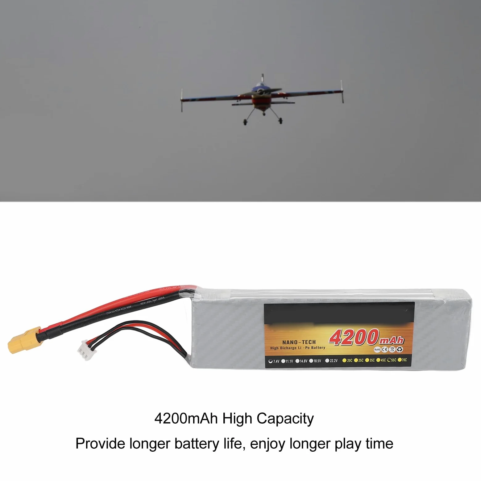 Batteria al litio RC, realizzata con custodia rigida, 7,4 V 2S 4200 MAH 55 C Lipo Batteria per RC Auto Aereo Elicottero Drone Usw