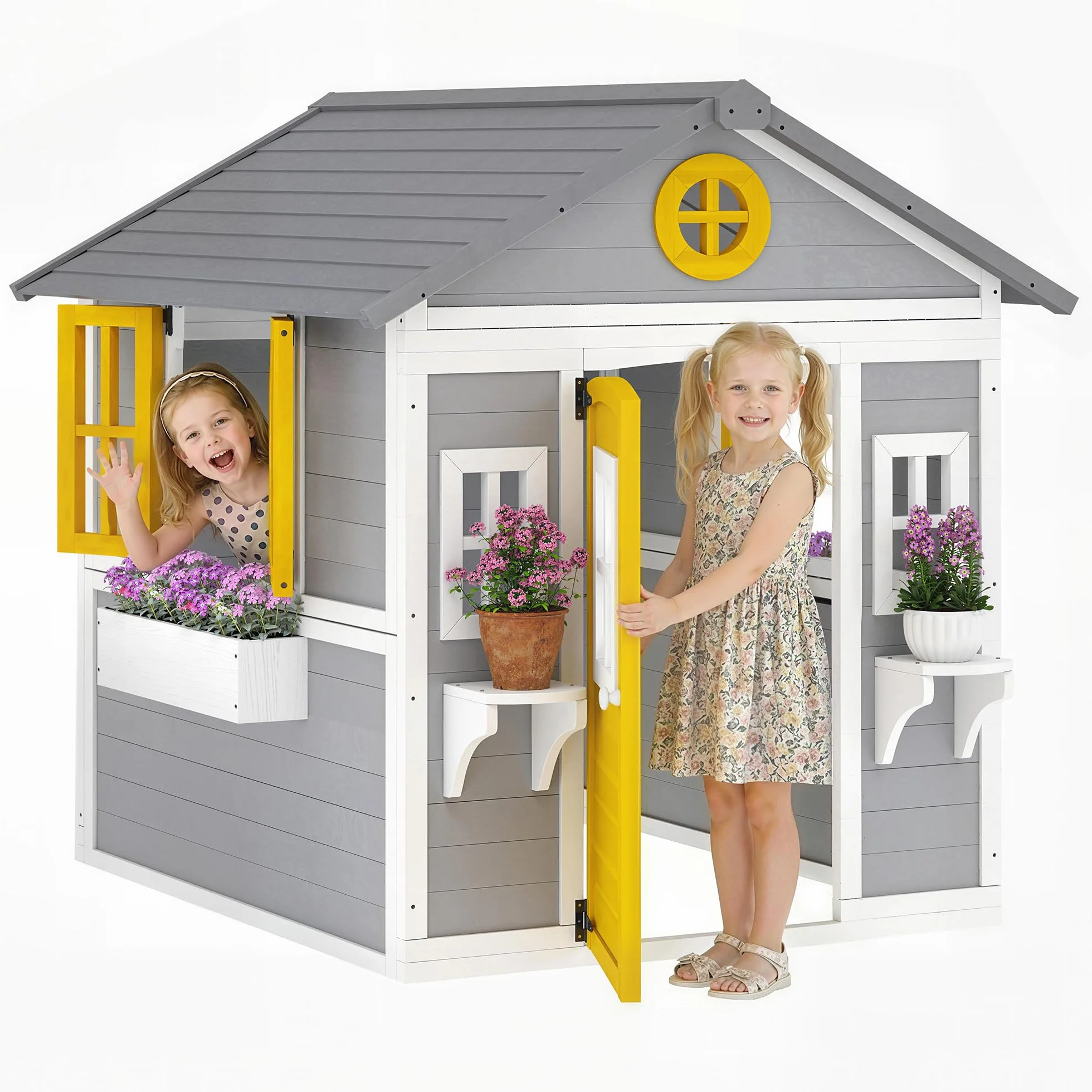 Outsunny Casetta in Legno per Bambini 3-8 Anni, Casetta da Giardino per Bambini con Finestre, Tetto Inclinato, Vasi e Fioriere, Grigio, Giallo, Bianco