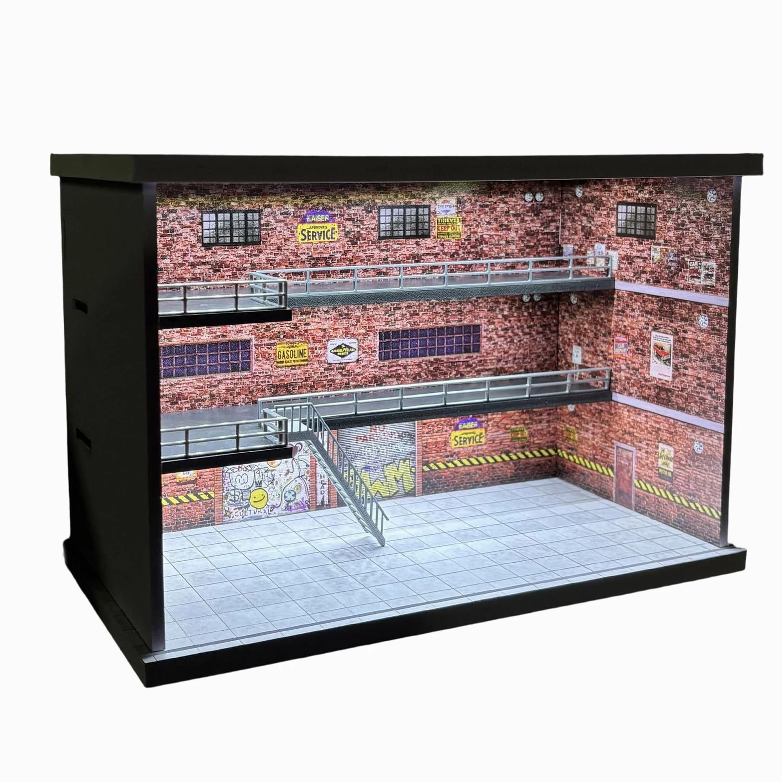 Vetrina per auto modello desktop, M008901 | Scala 1/64 illuminato parcheggio garage layout con struttura in PVC e copertura anteriore trasparente