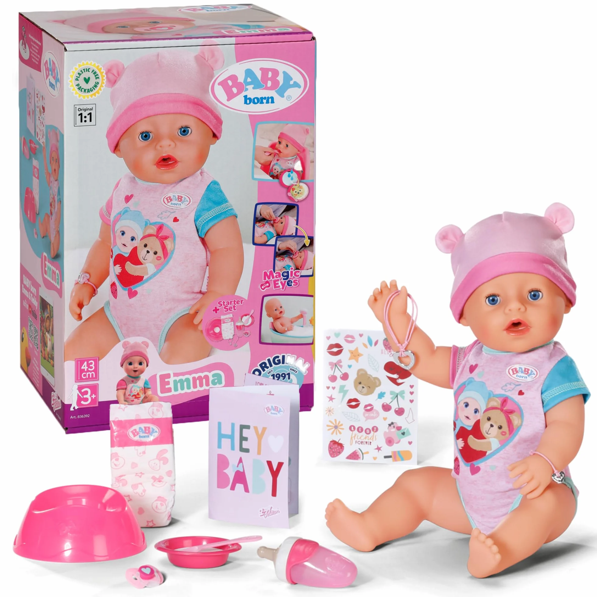 BABY born Emma - Bambola alta 43 cm - 10 funzioni con accessori e tutina - Funziona completamente senza batterie - Adatto per bambini a partire dai 3 anni di età