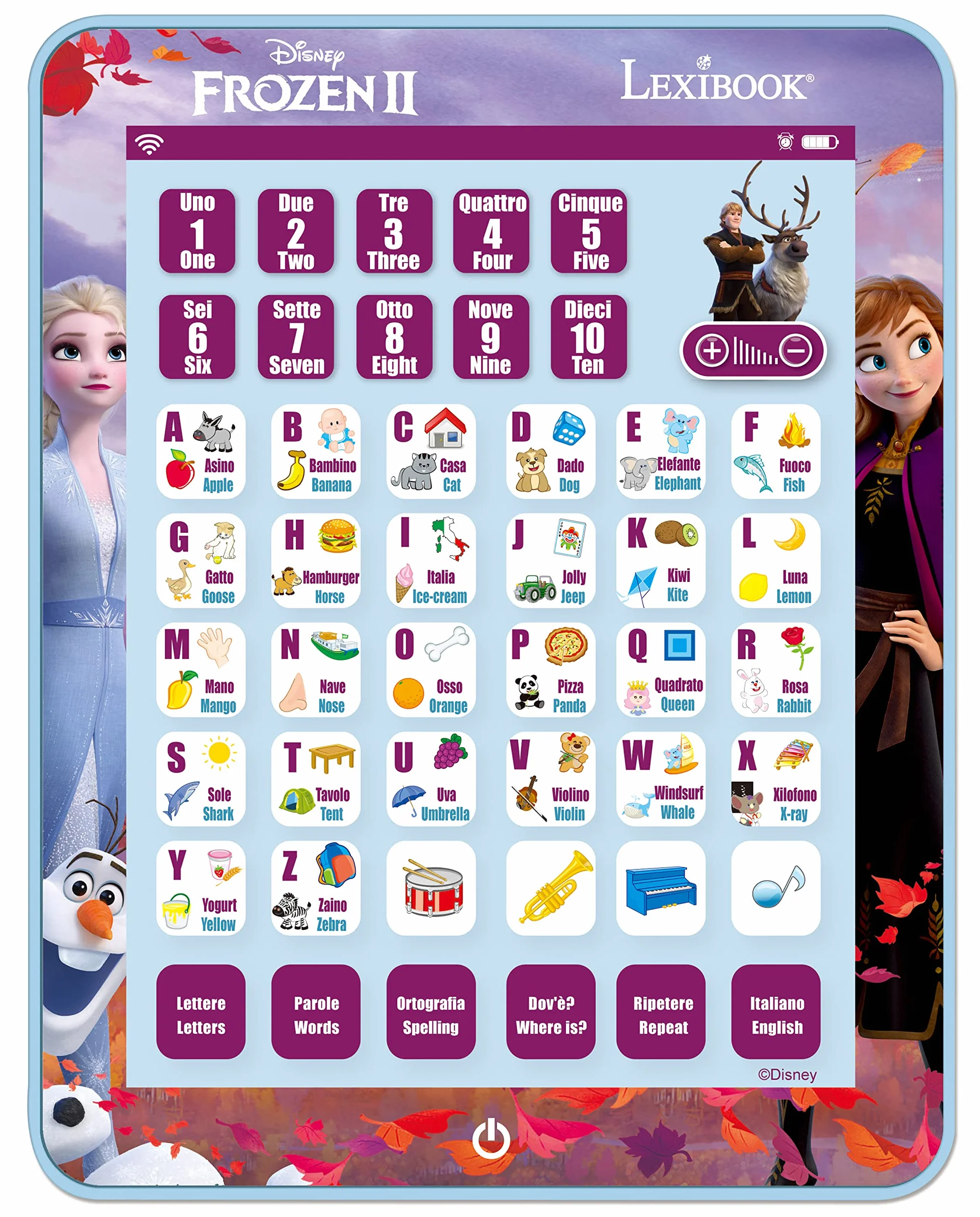 Lexibook, Frozen, Tablet educativo bilingue per Imparare Le Lettere, i Numeri, Le Parole, l'ortografia e la Musica, Inglese/Italiano, Viola, JCPAD002FZi5