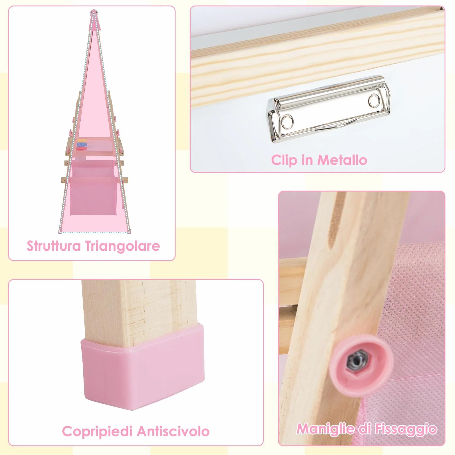 COSTWAY Cavalletto per Bambini Regolabile in Altezza in Legno, Cavalletto a Doppio Lato con Lavagna Magnetica e Bianca, con Scatola, Magneti con Lettere e Numeri, per Bambini 3-8 Anni (Rosa)