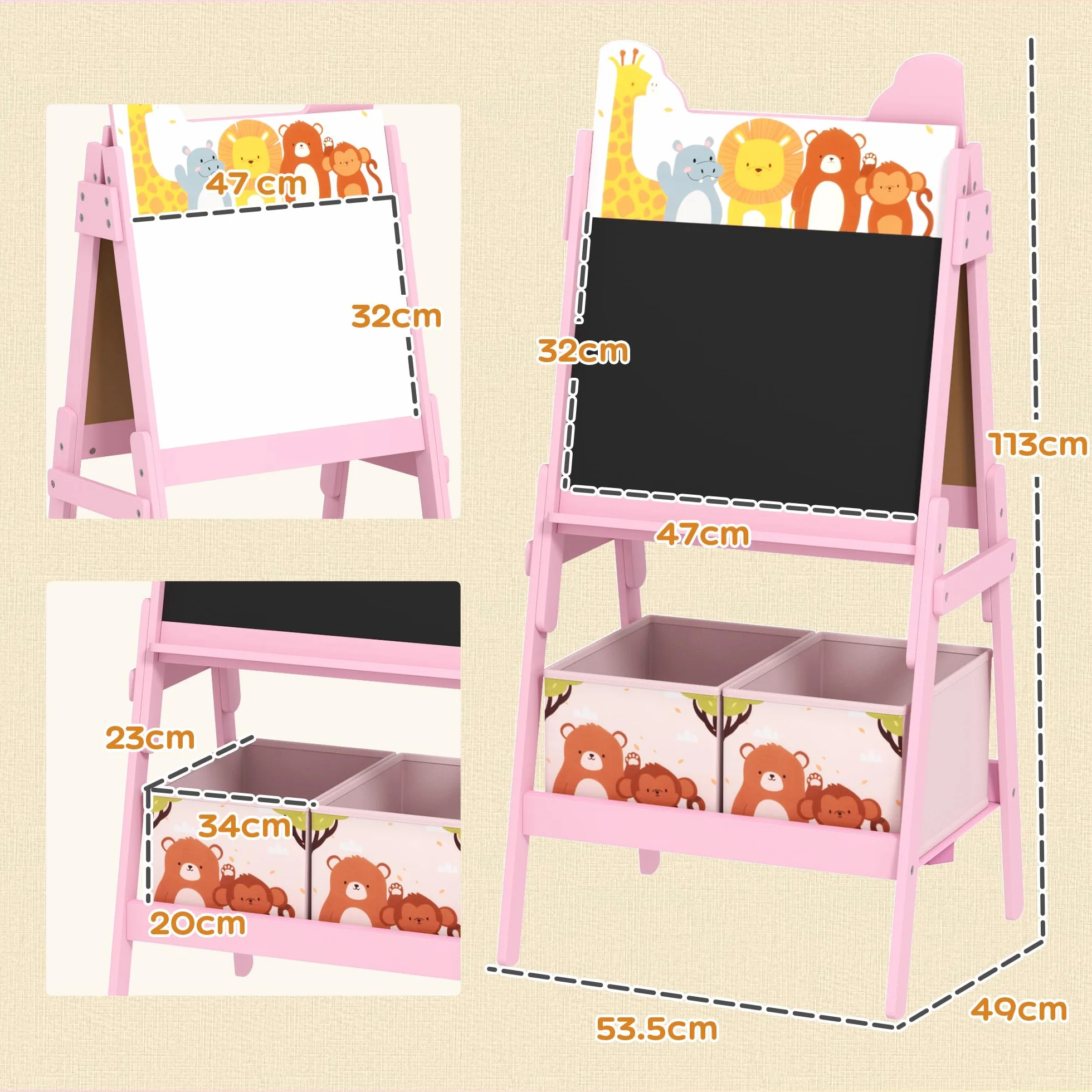AIYAPLAY Cavalletto Artistico per Bambini in Legno 3-8 Anni con Lavagna Bianca e Nera 53.5x49x113 cm Rosa