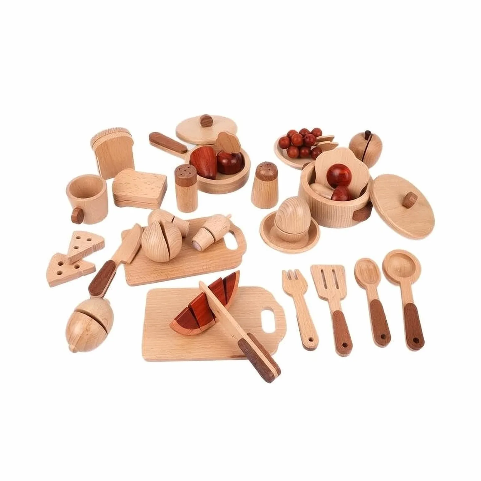 15 Pieces Giocattolo da Cucina in Legno Naturale Forme Arrotondate Set da Cucina in Legno Durevole Set Piatti Giocattolo