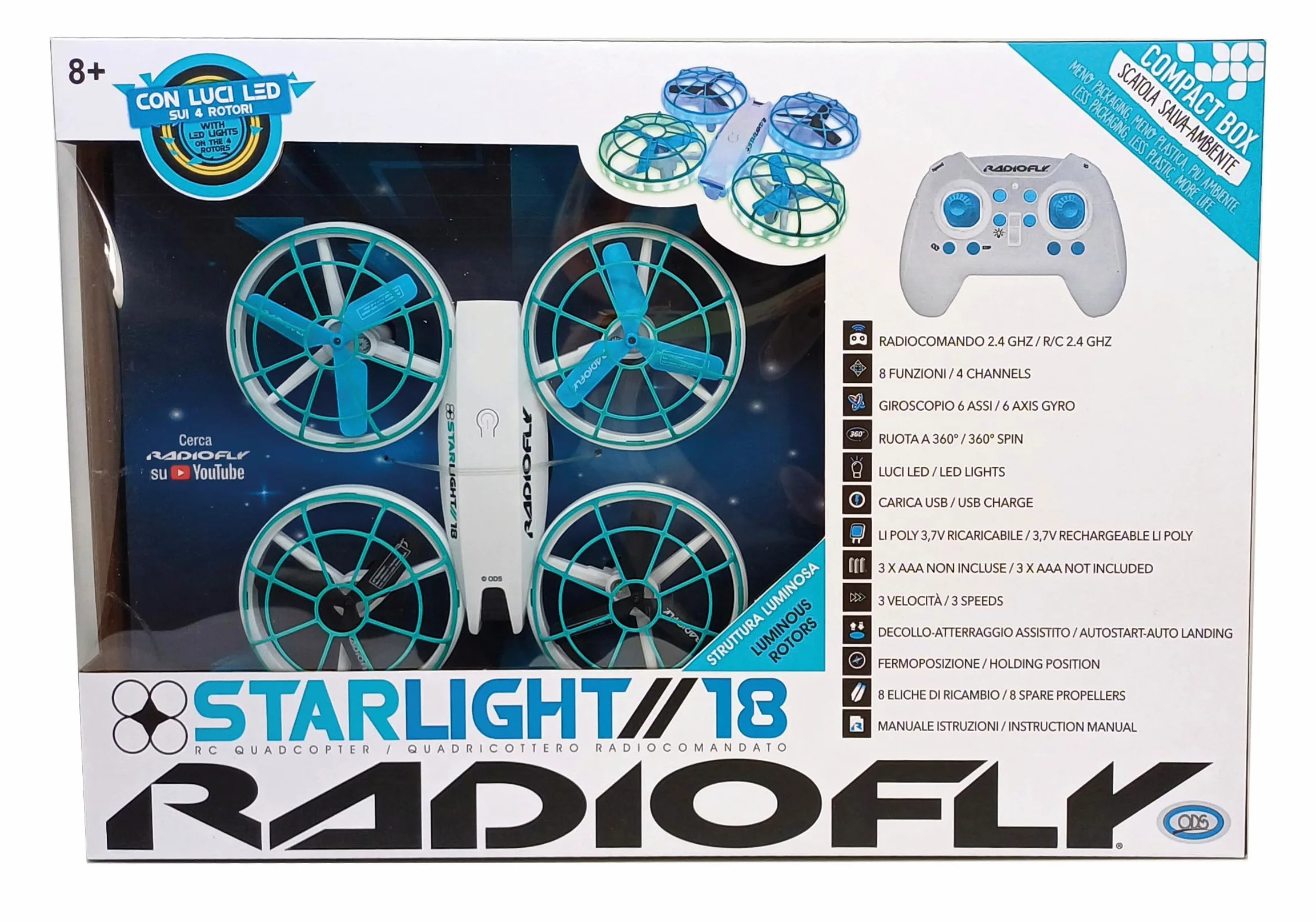 Radiofly - Starlight // 18 RC 2.4 GHz, misura 17 x 17 x 4.8 cm 8 funzioni, fermoposizione, decollo/atterraggio assistiti 3 velocità, flip 360 LUCI LED NEI 4 ROTORI