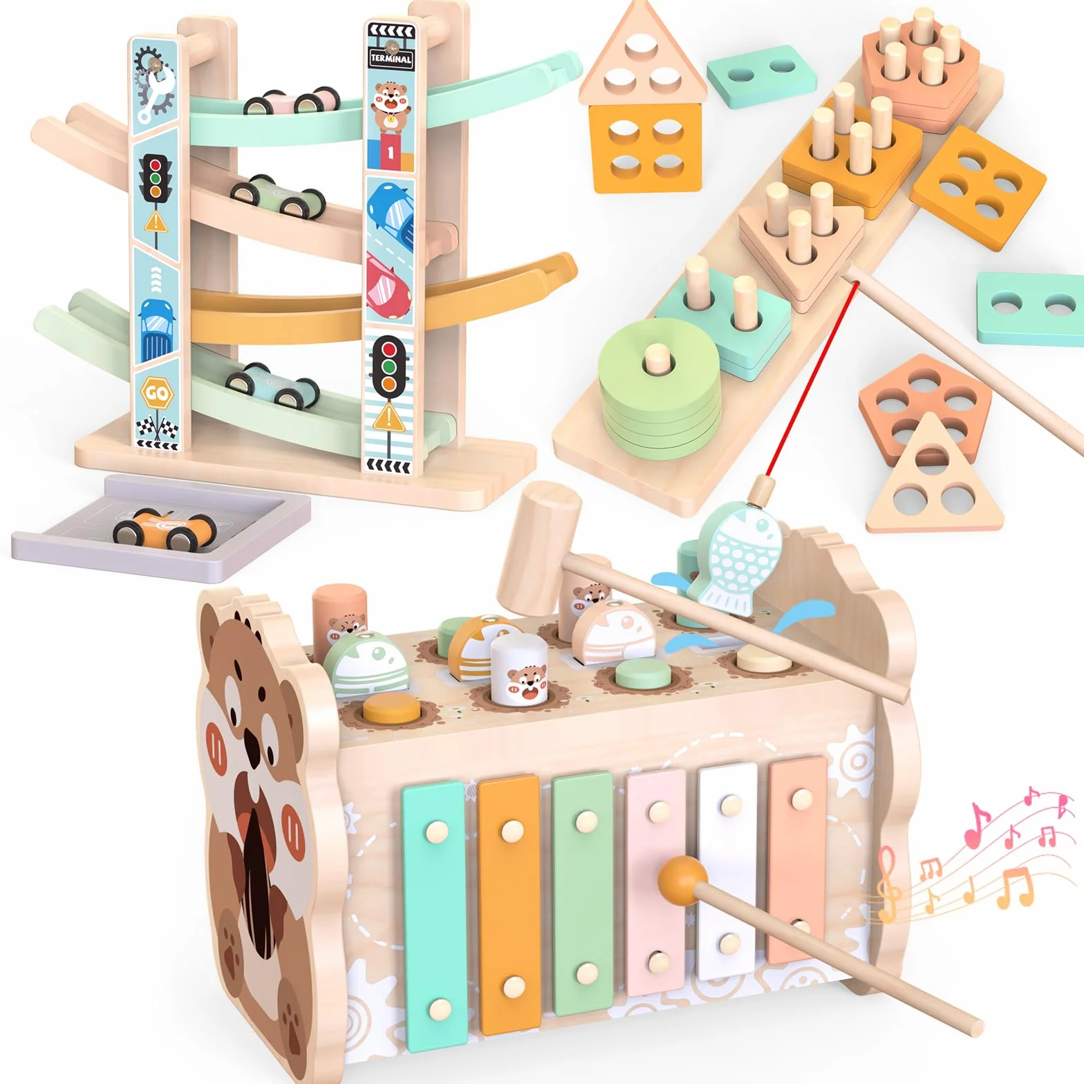 Weilim Giochi Montessori Bambini 1 Anno Legno Cubo Attività Macchinine | Cubo attività 5 lati: xilofono, martello, pesca, ingranaggi, incastri forme e blocchi impilabili. Regalo bimbo 1 anno, EN71