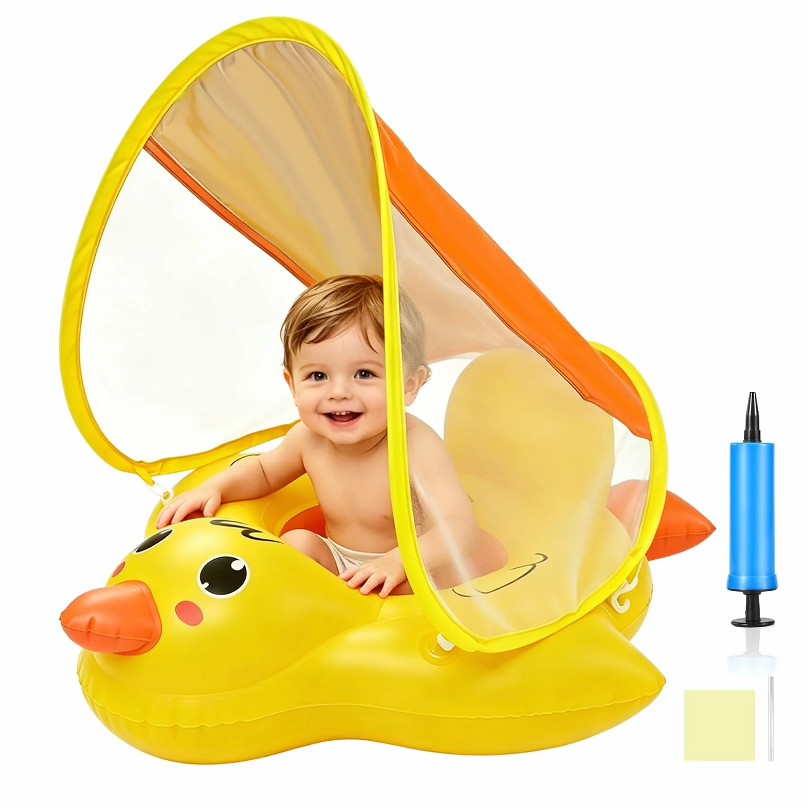 Qingning Galleggiante Neonato con Parasole Rimovibile, Anatra Salvagente Gonfiabile con Sedile di Sicurezza per Bambini, Galleggianti da Piscina Baby con Protezione Solare, Salvagente per Neonati
