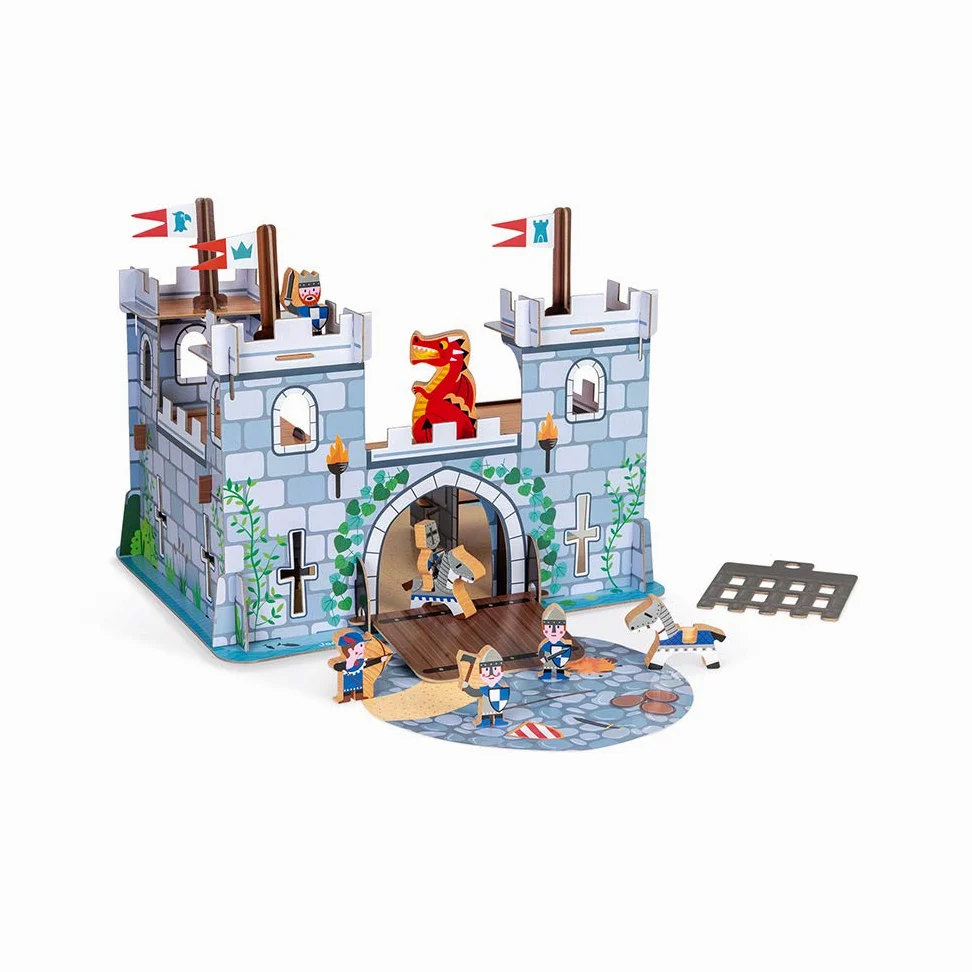 Janod - Set Castello Story - 8 Personaggi in Legno - Giocattolo D'Immaginazione - Cavalieri, Dragoni e Castelli - A Partire da 3 Anni, J08582
