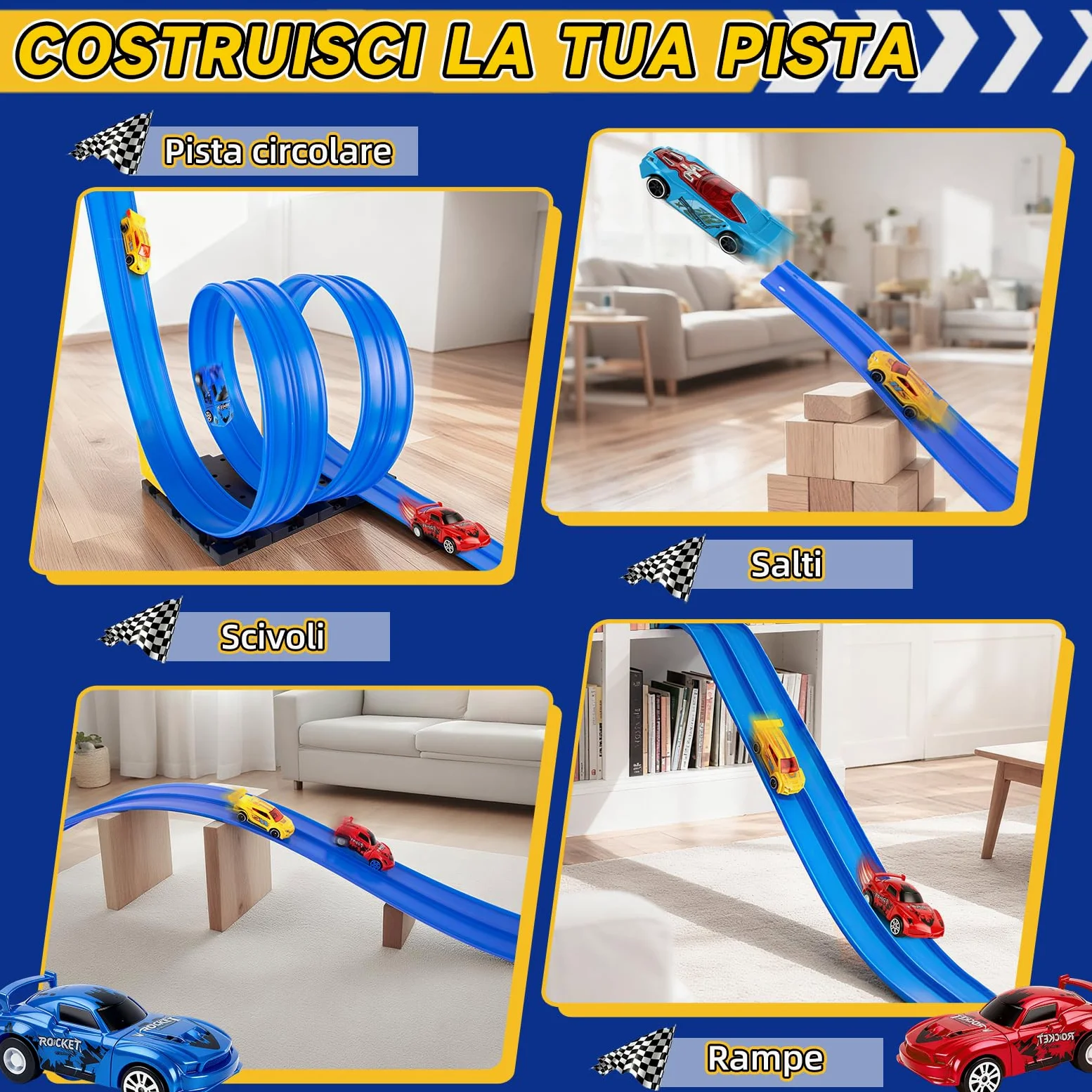 Charmofun Pista Macchinine Flessibile 5M, Giocattolo Piste da Corsa con 4 Auto, Borsa con 4 auto, 2 lanciatori, 8 rampe triangolari e 8 ventose, Portatile Pista per Bambini 3+ Anni (Blu)