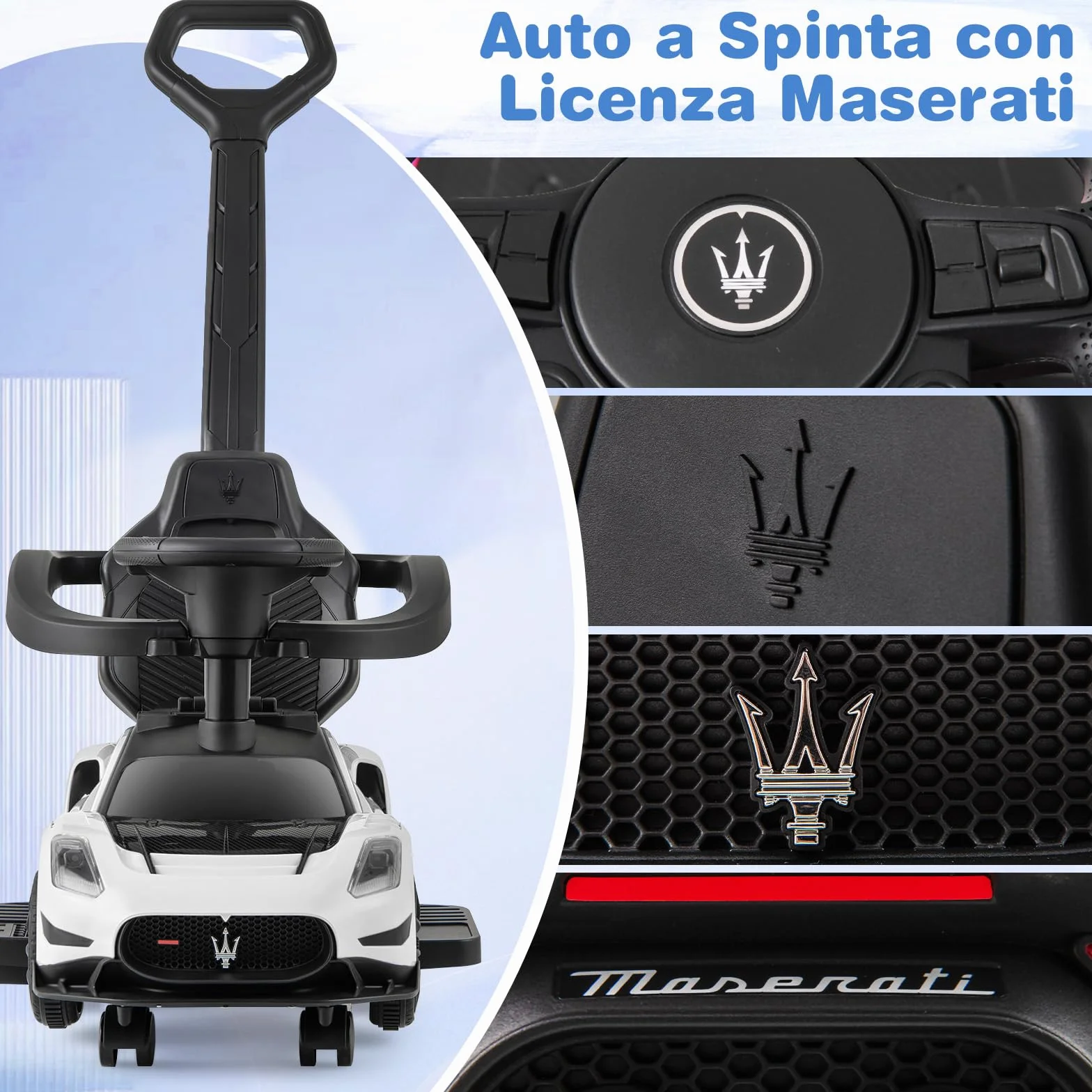 COSTWAY 3 in 1 Maserati Auto da Spinta Bambini 18-60 Mesi Bianco