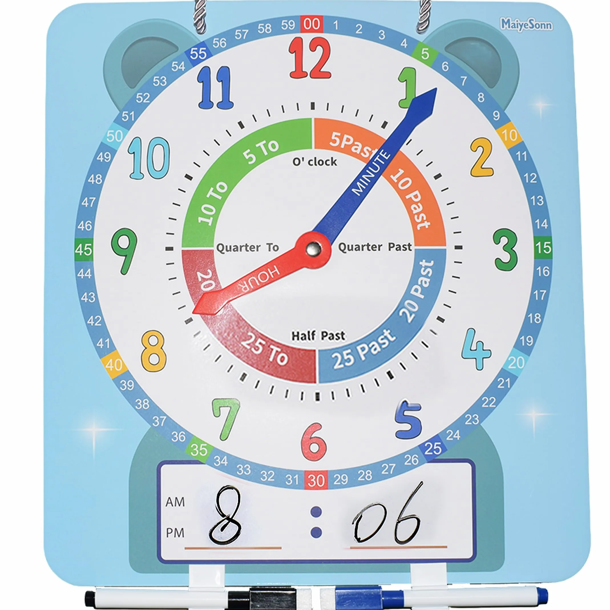 Orologio didattico per bambini, grande, magnetico, scrivibile, cancellabile a secco, con penna, 30,5 cm, orologio dimostrativo per insegnare l'ora per imparare a leggere l'ora per i bambini, a casa