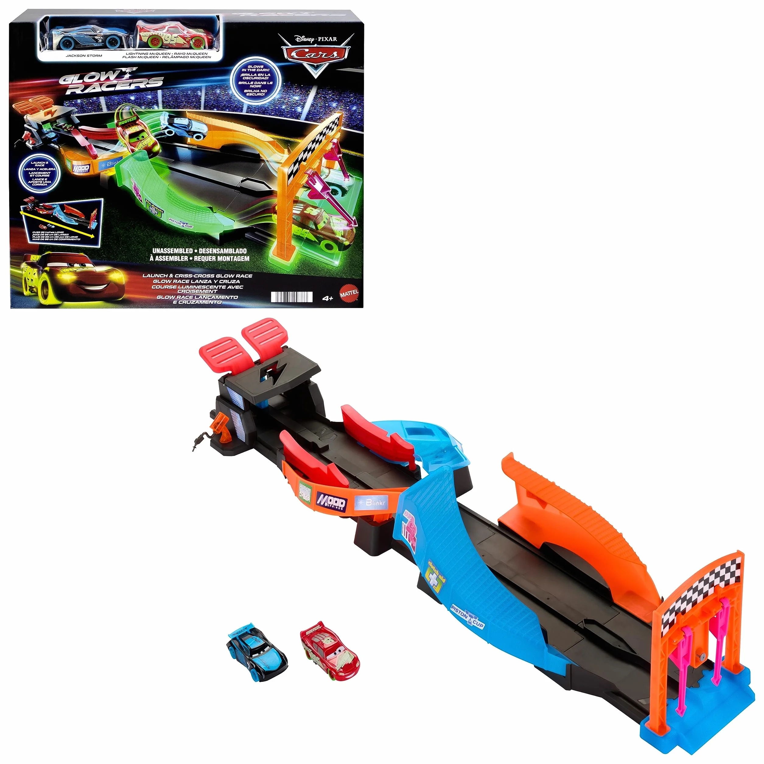 Mattel Disney Pixar CARS - Pista Fluo Incrociata, playset con pista e due macchinine che brillano al buio, include Saetta McQueen e Jackson Storm, giocattolo per bambini, 4+ anni, HPD80