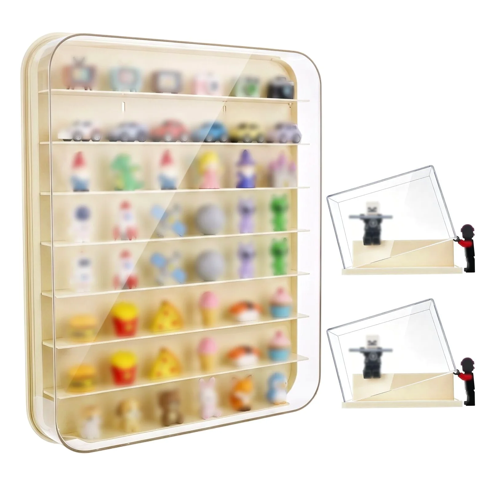 Espositore per statuette, da parete e da scrivania, 3 pezzi | Vetrina multi mini figure, organizer trasparente antipolvere per oggetti da collezione, action figure e pietra, con adesivi