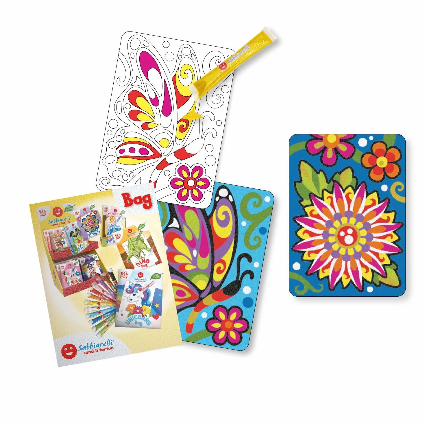 Sabbiarelli Sand-it For Fun – Bag Secret Garden | Mini Kit di Sand Art a Tema Fiore e Farfalla 100% Made in Italy con Sabbia Colorata e Disegni Adesivi | Hobby Creativi Adulti e Ragazzi 10+