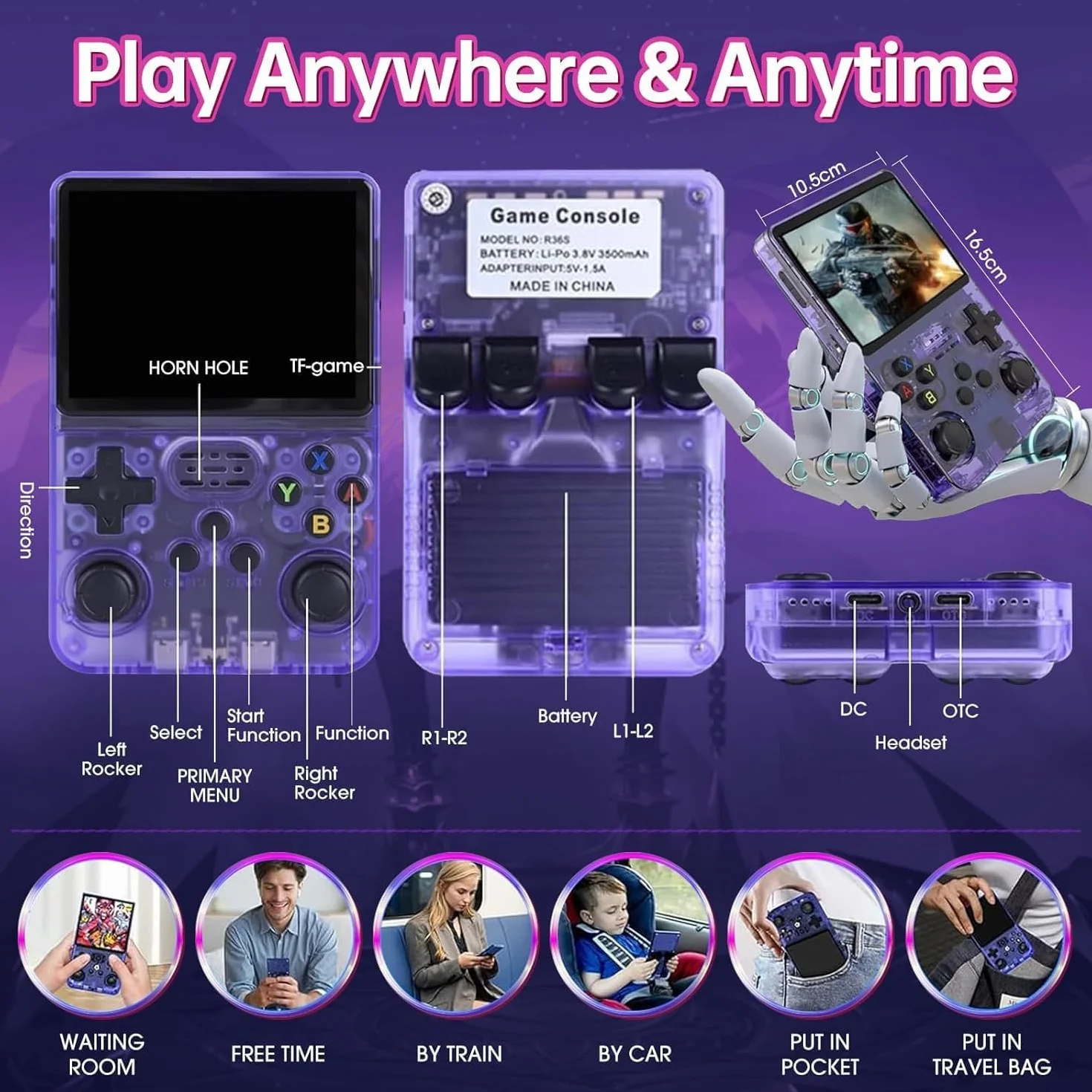 Console di gioco portatile retrò R36S, console di gioco retrò con schermo IPS da 4,0", oltre 30 emulatori tradizionali, oltre 22.000 giochi classici, scheda SD 128 GB, batteria da 4000 mAh - Viola