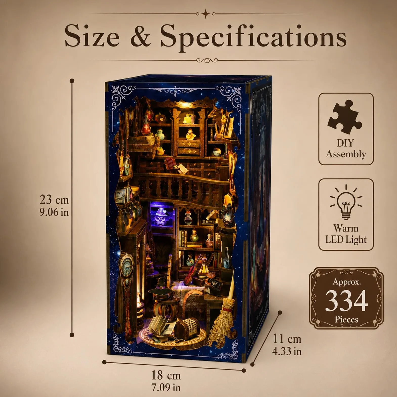 GOOGO Kit Book Nook, casa in miniatura fai da te Book Nook da 334 pezzi con luce LED, puzzle 3D in legno, fermalibri decorativo per libreria, regalo creativo per adulti (Casetta incantata)