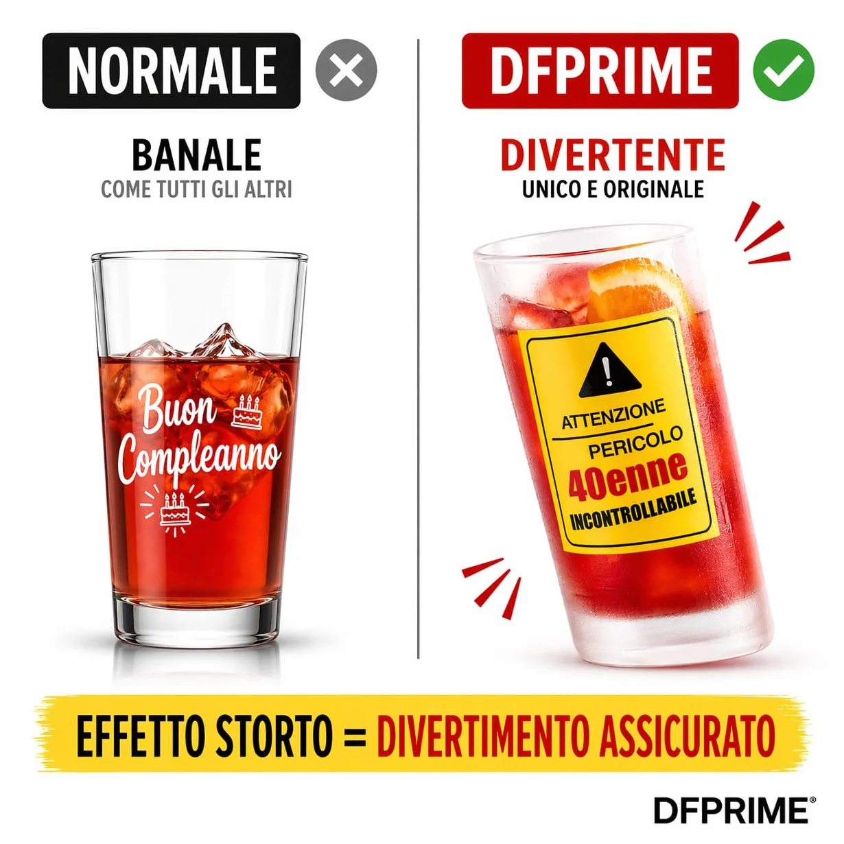 DFPRIME Bicchiere Ubriaco 40 Anni - Regalo 40 Anni Uomo Donna Divertente - Gadget Compleanno 40 Anni Originale - Bicchiere Storto Scherzo Festa - Con Biglietto Auguri