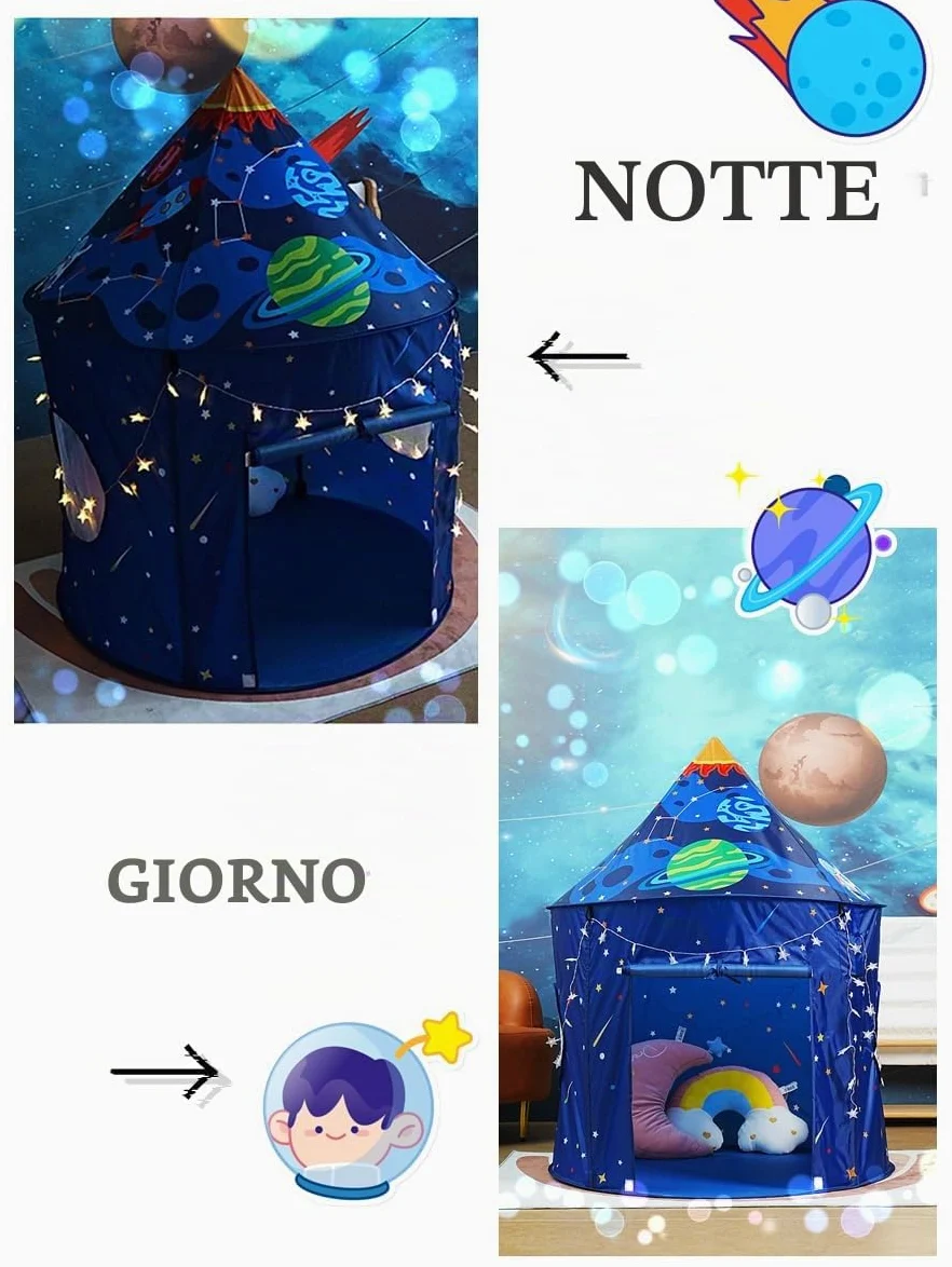 Tenda da gioco per bambini per bambini, tenda per castello teepee per bambini, sicurezza e atossica, giocattoli da gioco per interni/esterni, casa Wendy, con luci a stelle (astronave)