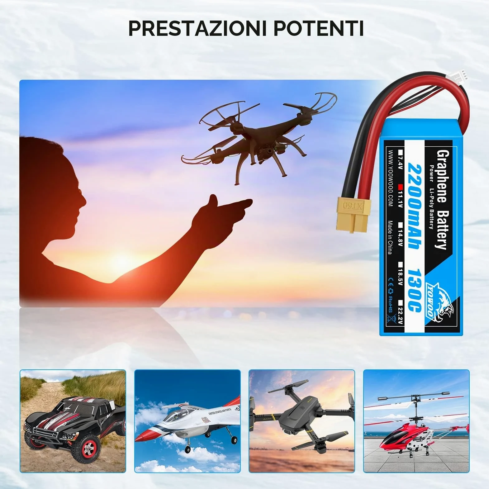 Yowoo 3S LiPo Batteria 2200mAh 11,1V 130C 3S RC Batteria Grafene con connettore XT60 spina per RC Auto Barca Camion Heli Aereo Quadcopter Elicottero Multi-Motore Hobby FAI DA TE (2 Batteria)