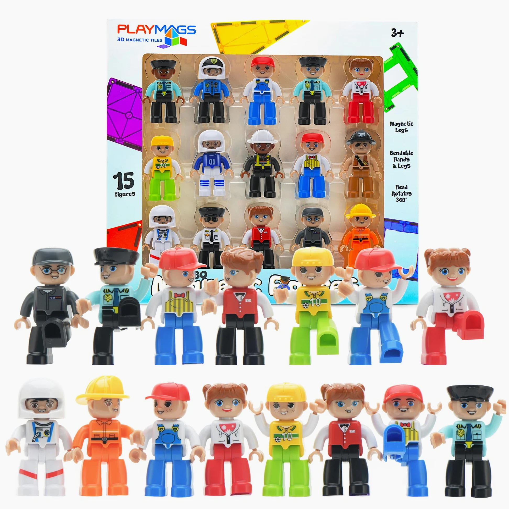 Playmags Set comunitario di figure magnetiche grandi da 15 pezzi - 3 pollici Gioca a persone, perfette per mattoncini magnetici - Giocattoli educativi STEM per bambini