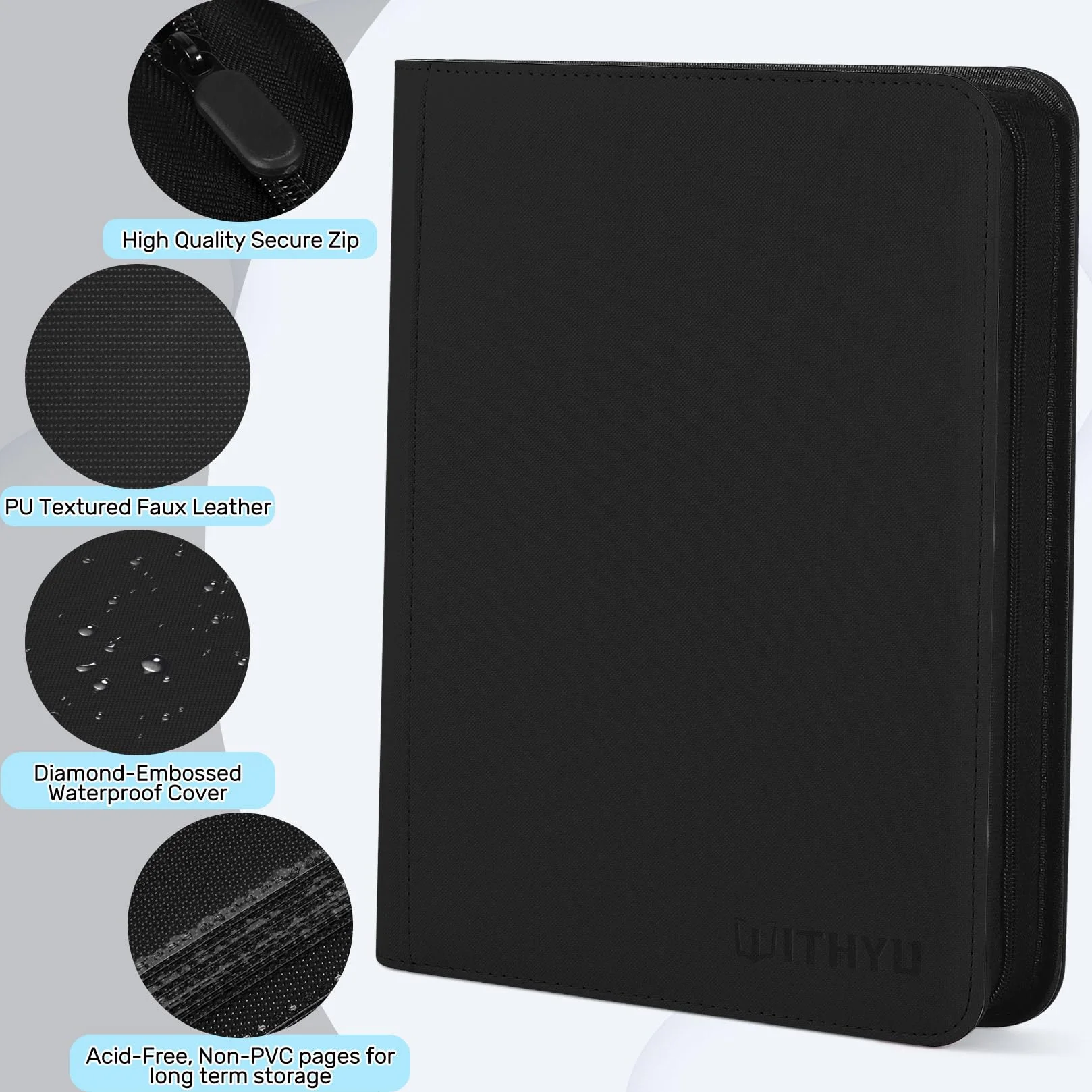 WITHYU Album da Collezione per Carte 12 Tasche, Capacità 720 Carte, Impermeabile, con Chiusura Lampo, per TCG, Calcio e Carte da Collezione, Portatile (Nero)