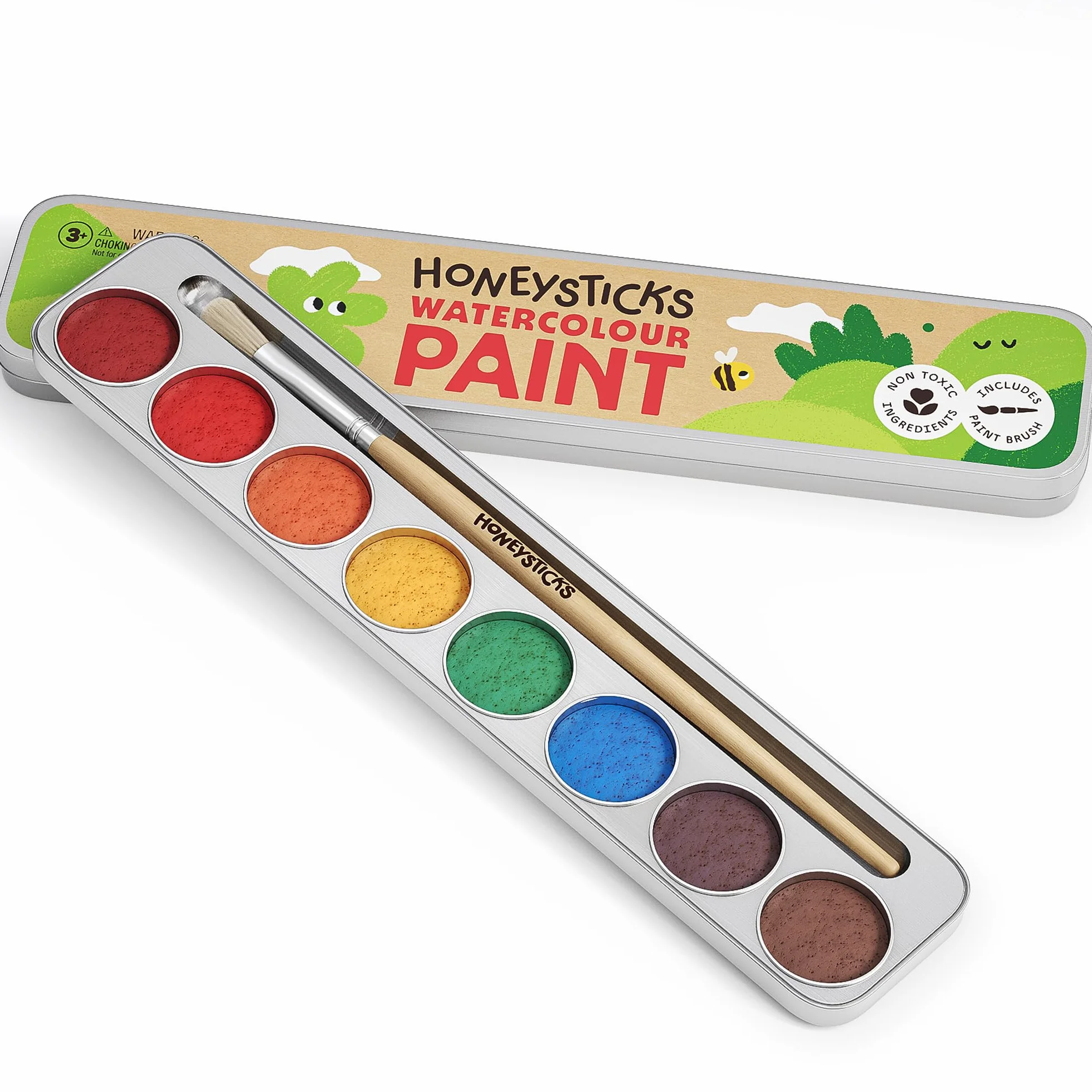 Honeysticks Set pittura acquarelli non tossici per bambini – 8 Colori vivaci e a lunga durata con Pennello – Ingredienti naturali e a base alimentare – Accessori per dipingere sicuri – Idea regalo