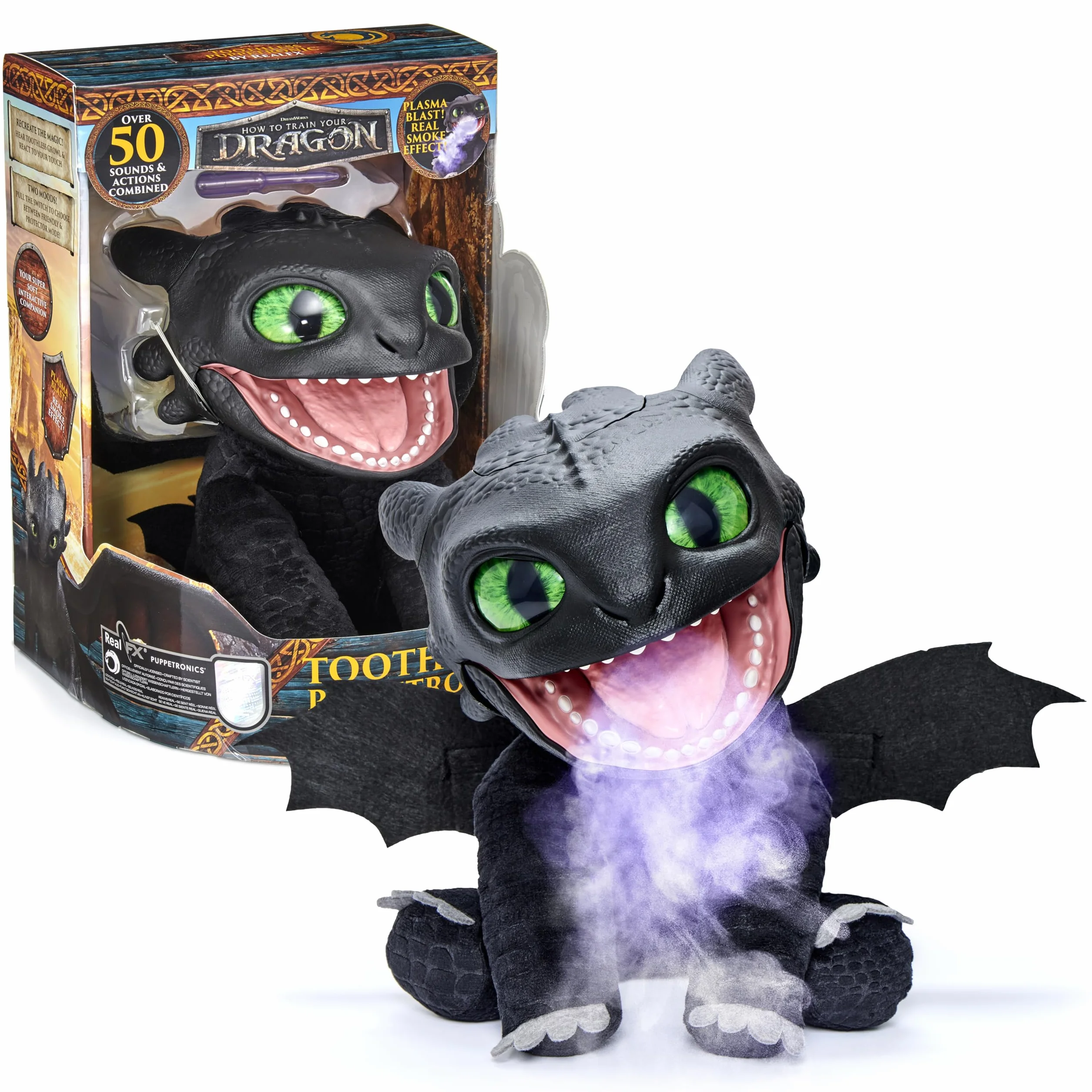WOW! STUFF How To Train Your Dragon Toothless Puppetronic by RealFX - Looks-Feels-Sounds Real, 50+ Action & Sounds, 10" High Plush, Kids Ages 6+