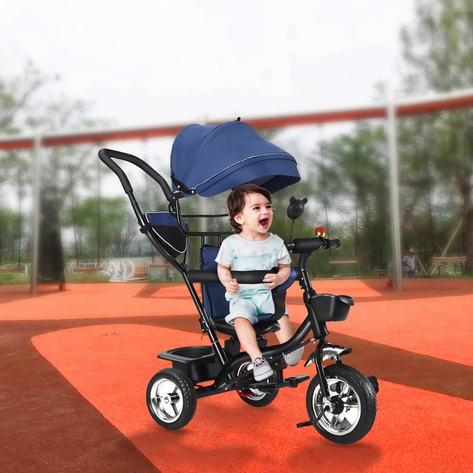 Kedia - Triciclo per bambini - 4 in 1, bicicletta per bambini con maniglia, passeggino con tettuccio apribile, sedile posteriore montabile (blu)