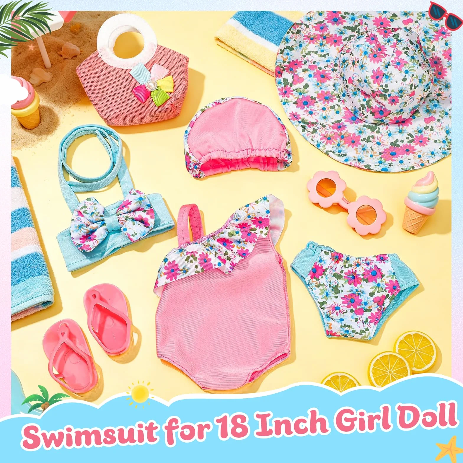 Costume da Bagno per Bambole, Set di Nuoto per Bambole, Vestiti Bambola Estate con Costumi da Bagno, Occhiali da Sole,Cappello, Pantofole, Vestite Bambole Reborn per Bambole 35-45 cm