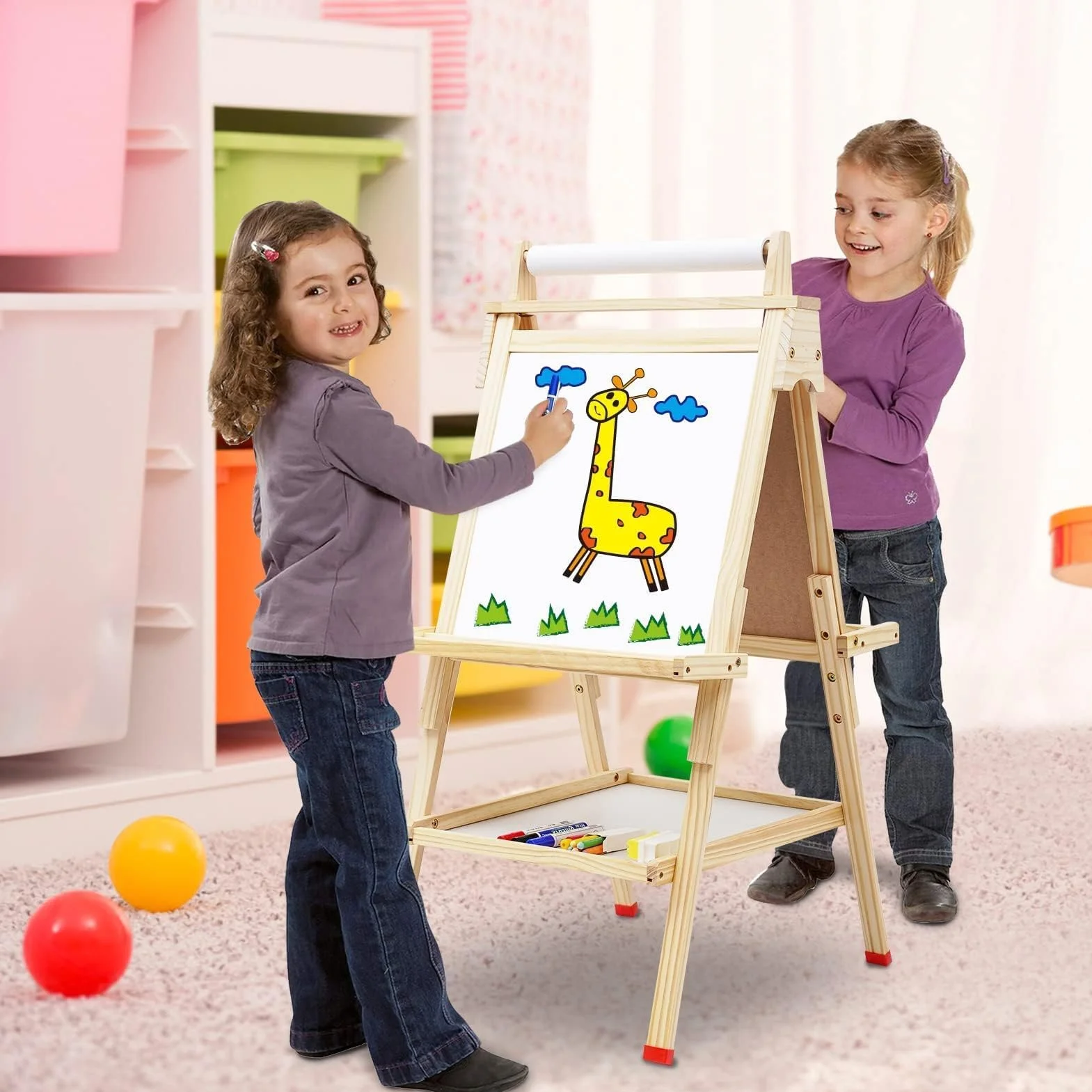 Lavagna in Legno per Bambini, Altezza Regolabile Cavalletto per Bambini con Rotolo di Carta, Lavagna Bianca su Due Lati, con Numeri e Altri Accessori per 3 + Anni Regalo