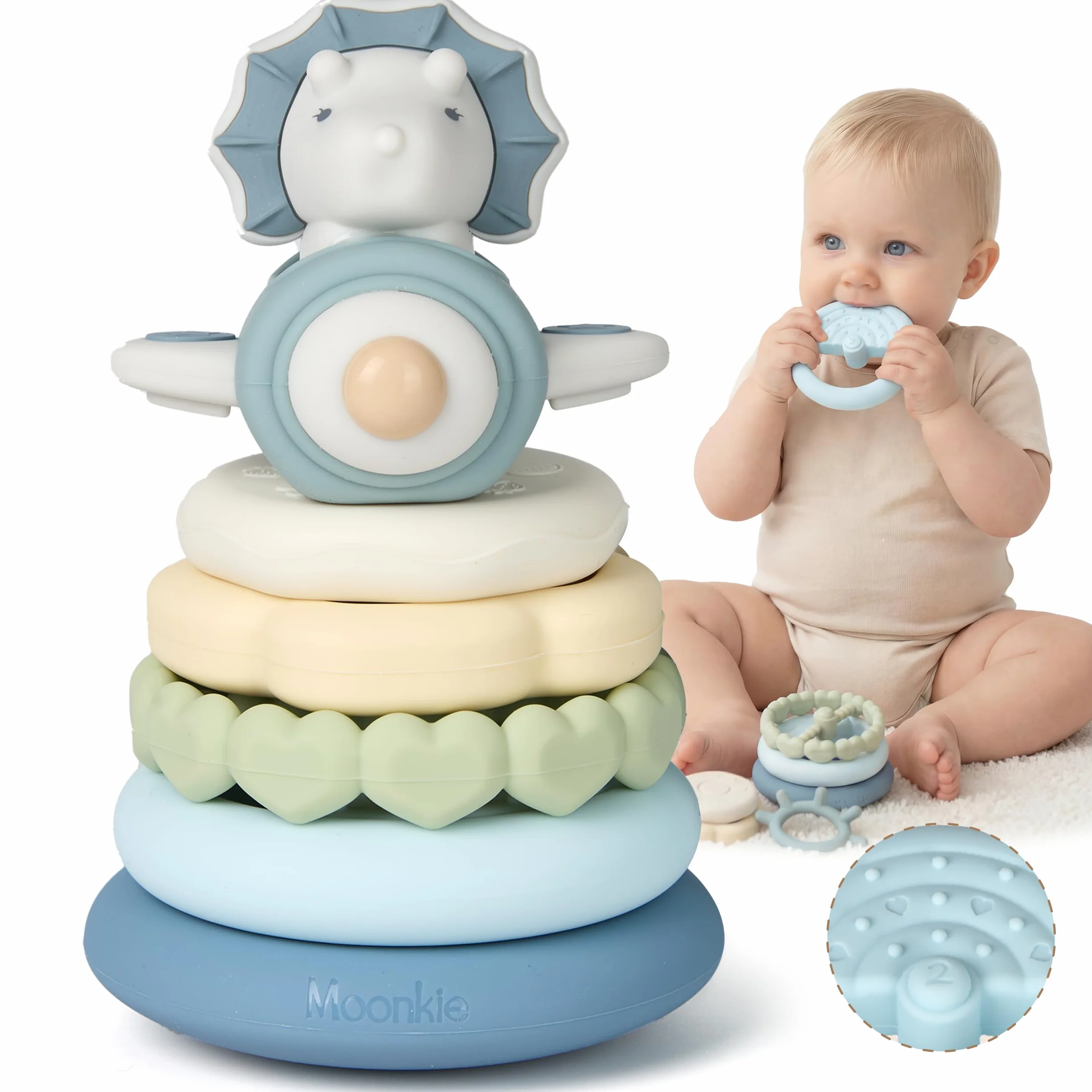 Moonkie Dinosauro Torre Impilabile Bambini, Giochi Dentizione Silicone, Costruzioni per Neonati, Torre Montessoriana Bambini, Massaggia Gengive Neonati, Regalo Perfetto per 6 Mesi+, 7 Pezzi