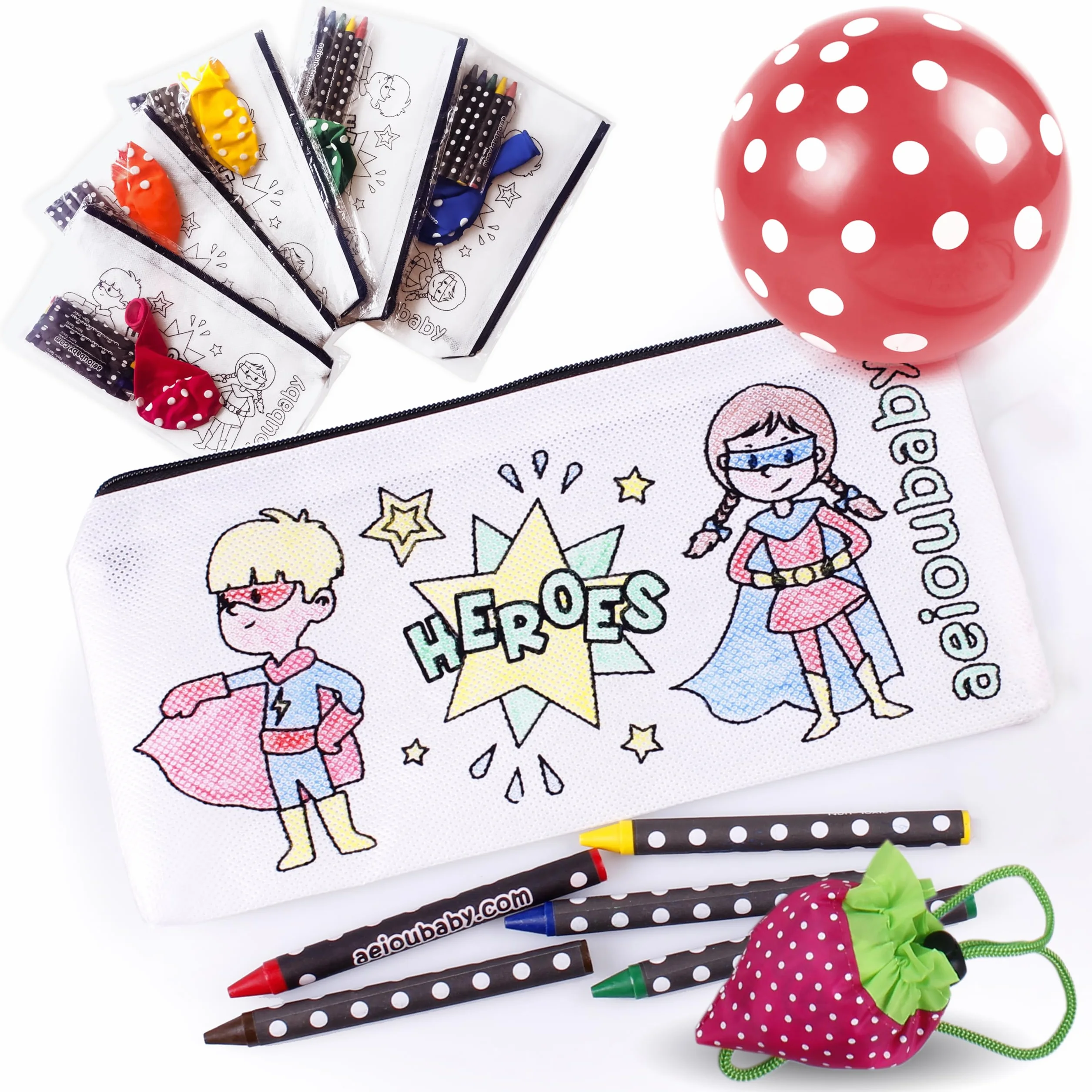aeioubaby.com 25 Astucci da Colorare + Borsa Riutilizzabile | Bustine singole con 5 Colori a Cera e un Palloncino | Regalo per bambini per le feste e i compleanni (Eroi)