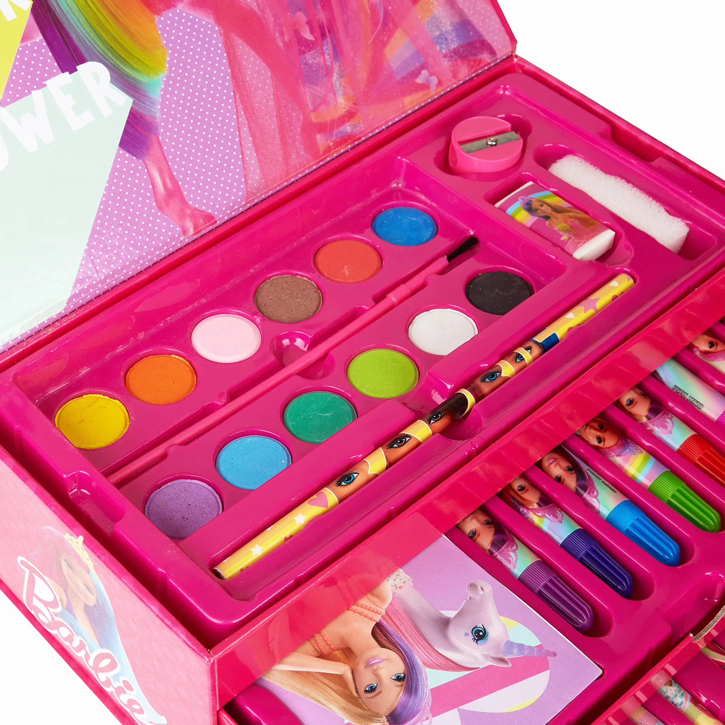 Barbie Valigetta Colori da 44 pezzi Kit Disegno e Pittura con Pennarelli Acquerelli Colori a Cera Matite Colorate