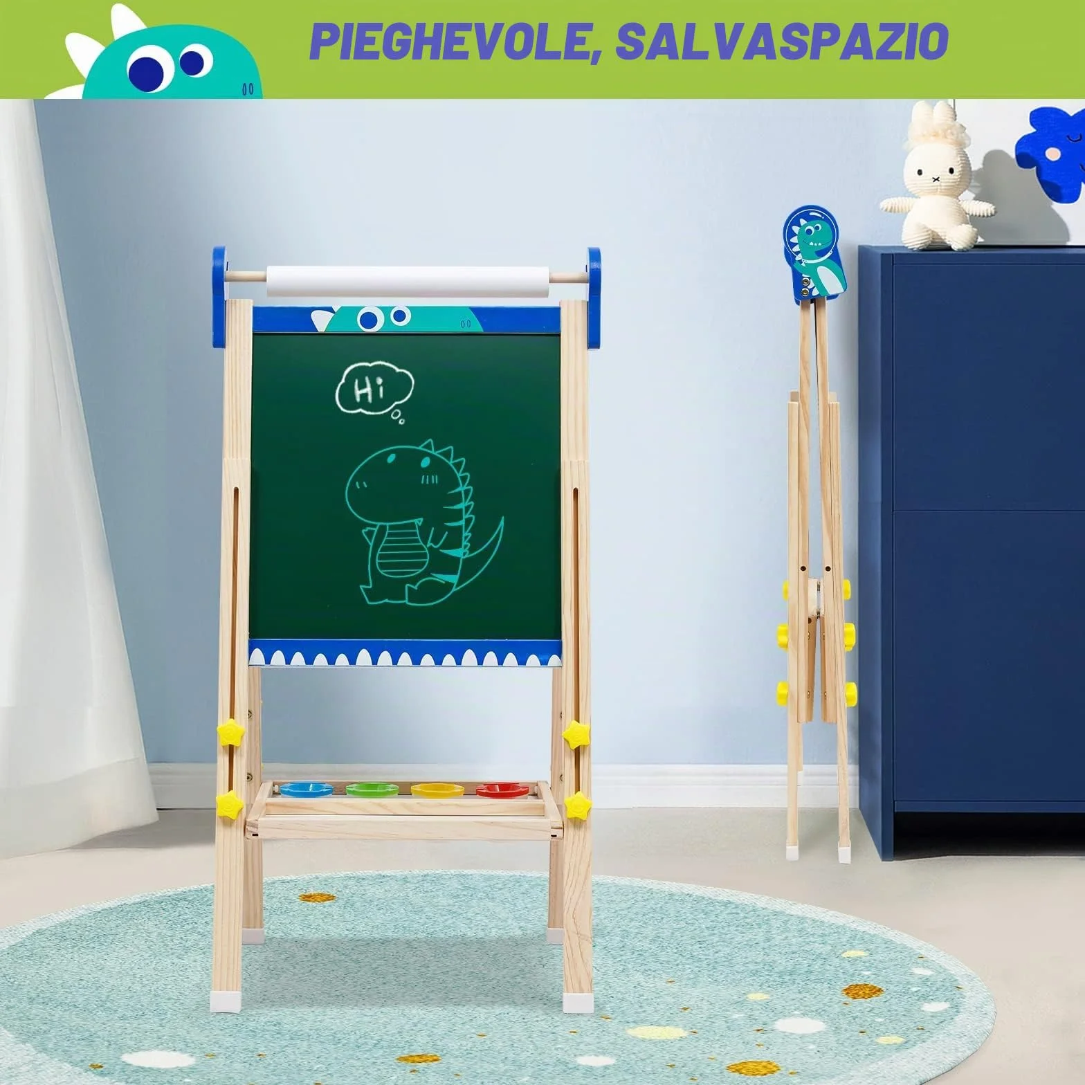 Lavagna Pieghevole per Bambini a Doppia Faccia con Cavalletto Regolabile, Rullo di Carta e Accessori
