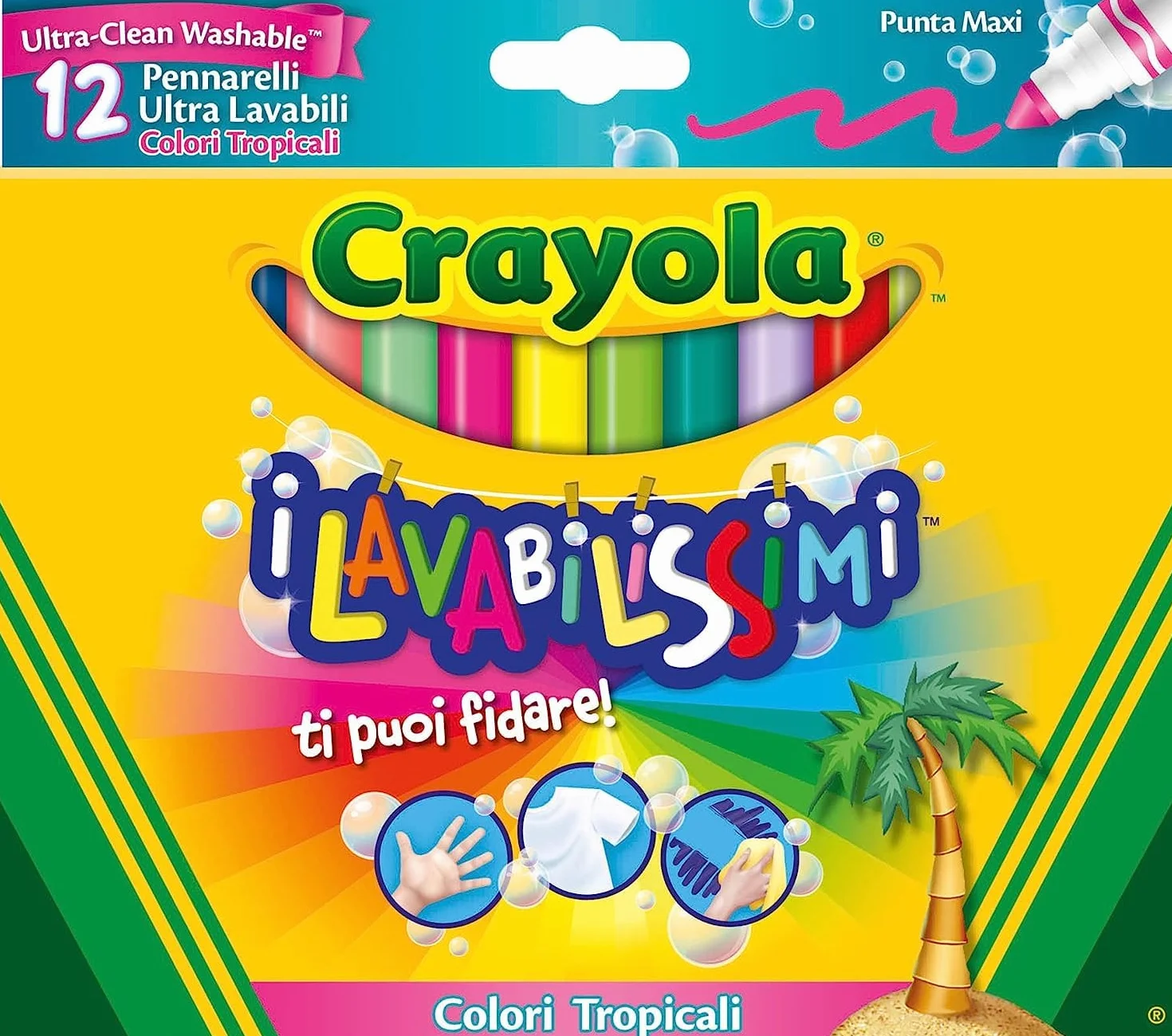 CRAYOLA Pennarelli Ultra-Lavabili Punta Maxi Colori Tropicali Assortiti 12 Pezzi