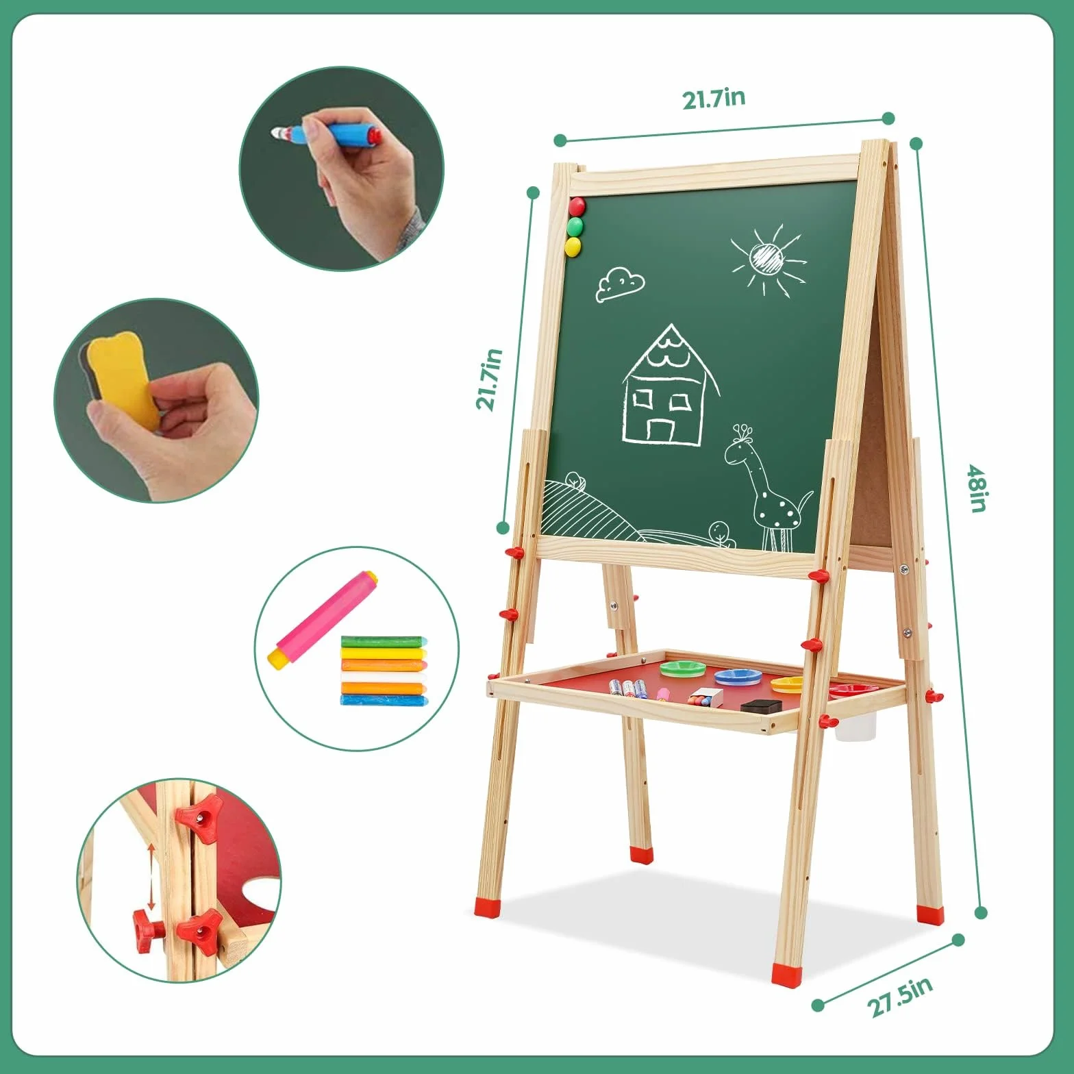 Cavalletto per Bambini a Doppia Faccia in Legno Lavagna Bianca in Legno Cavalletto in Altezza Regolabile con Carta Adesivi Accessori Vassoio di Stoccaggio per Bambini 3+ Anni