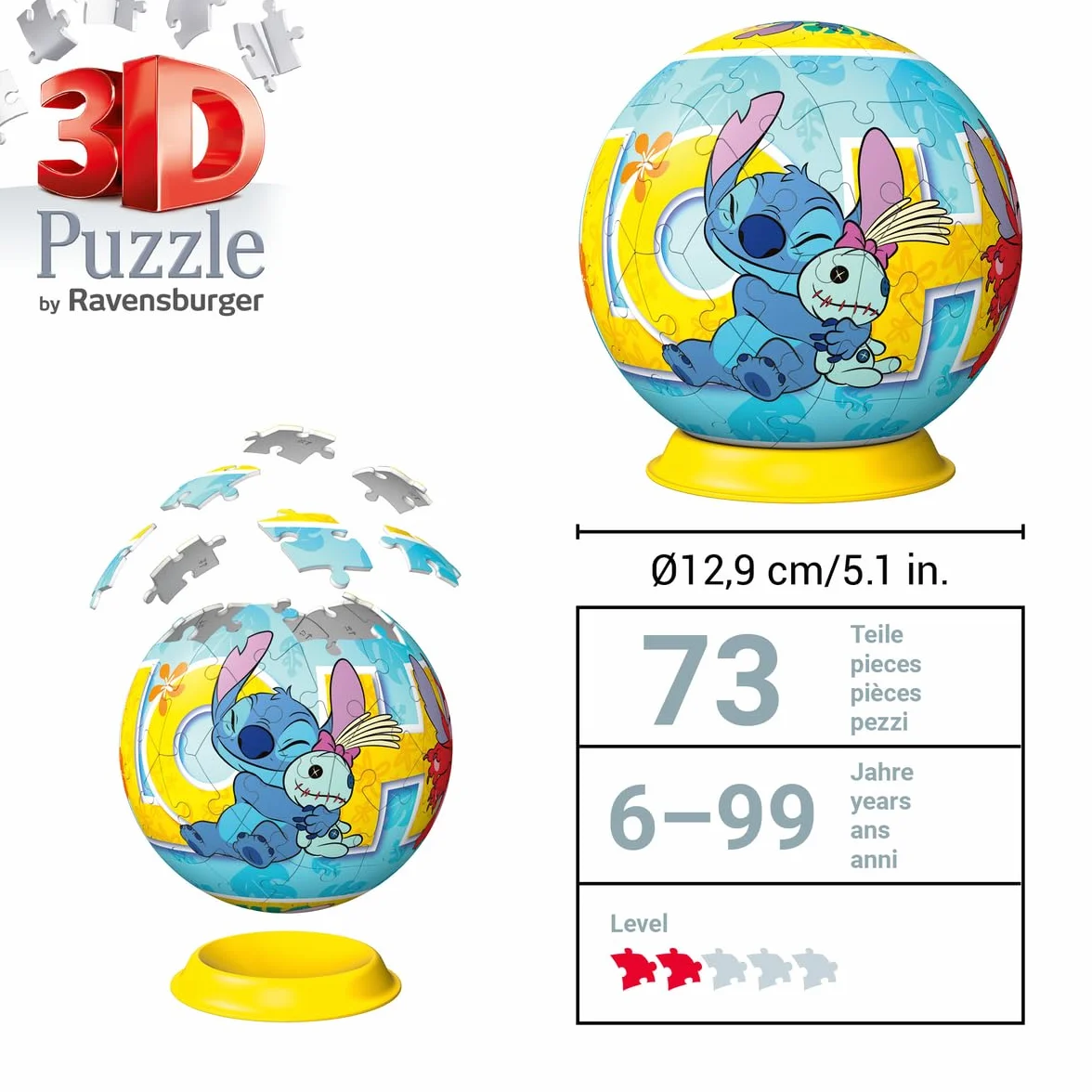 Ravensburger - Puzzle 3d Stitch Sferico | Puzzle 3d Bambini 6 Anni O Più | Regalo Stitch Bambina E Bambino 73 Pezzi | Giochi Bambini 6 Anni Sferico Da Disney