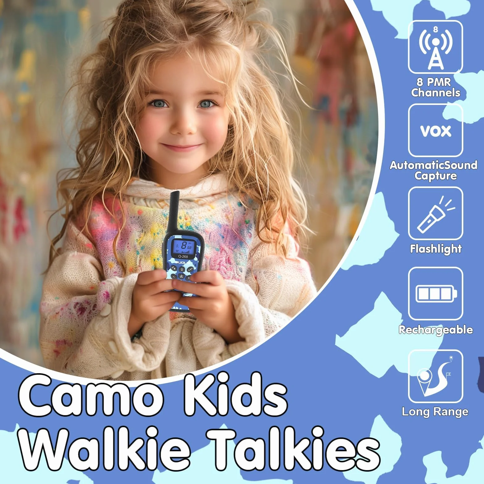 QUOLIX Walkie Talkie Ricaricabili per Bambini, Radio 8 Canali a Lunga Distanza con Torcia, Blu+Verde