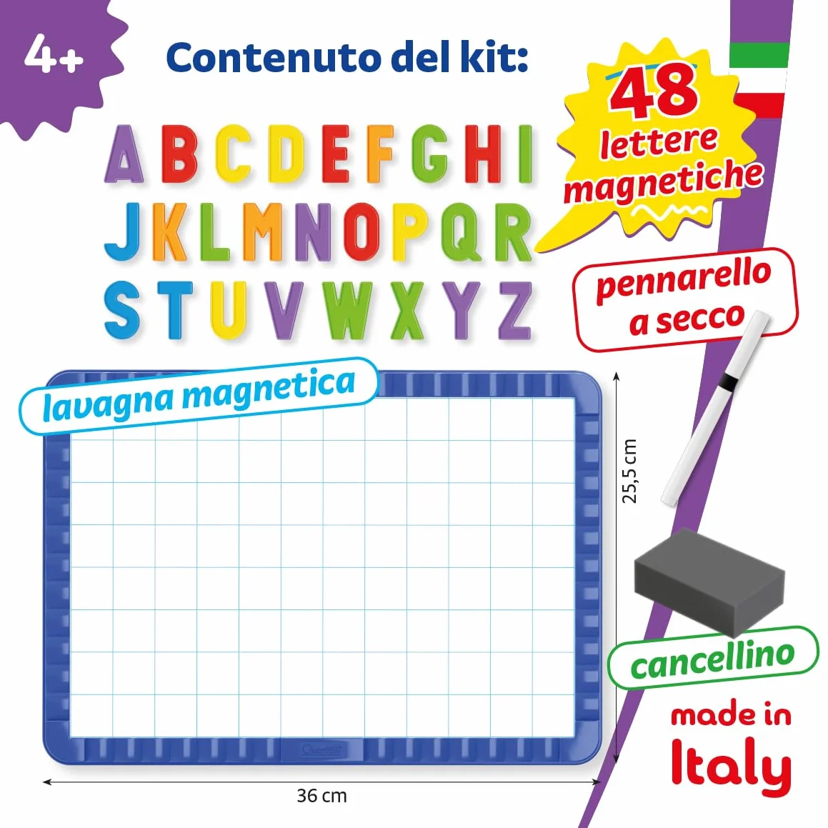 Quercetti Magnetino Letters Basic, Lavagna Magnetica con 48 Lettere Magnetiche per Bambini, Gioco Educativo 4 Anni, Made in Italy