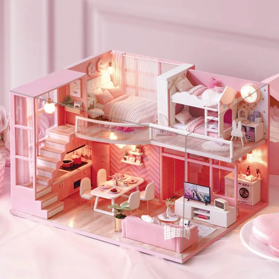 Generic Kit per Casa delle Bambole Rosa Fai-da-te Modello di Casa delle Bambole in Miniatura in Legno Fatto a Mano Carino per la Decorazione Domestica e Materiale Ecologico Regalo per Bambini