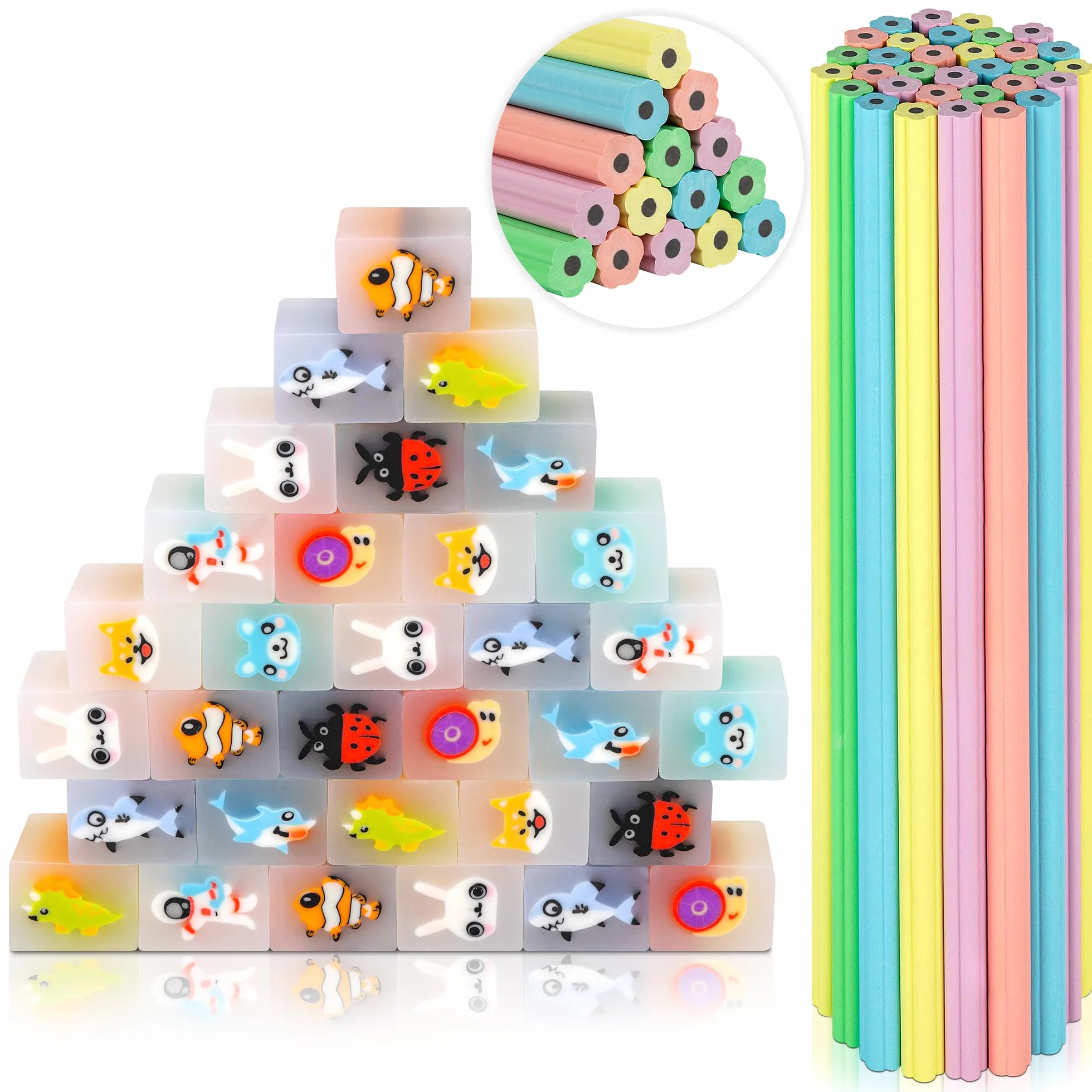 64Pcs Matite con Gomma Bambini,32 Gomme Cancellare Bambini Divertenti & 32 Petalo Matite Bambini Adatta Regalini Fine Festa Compleanno,Gadget Compleanno Bambini
