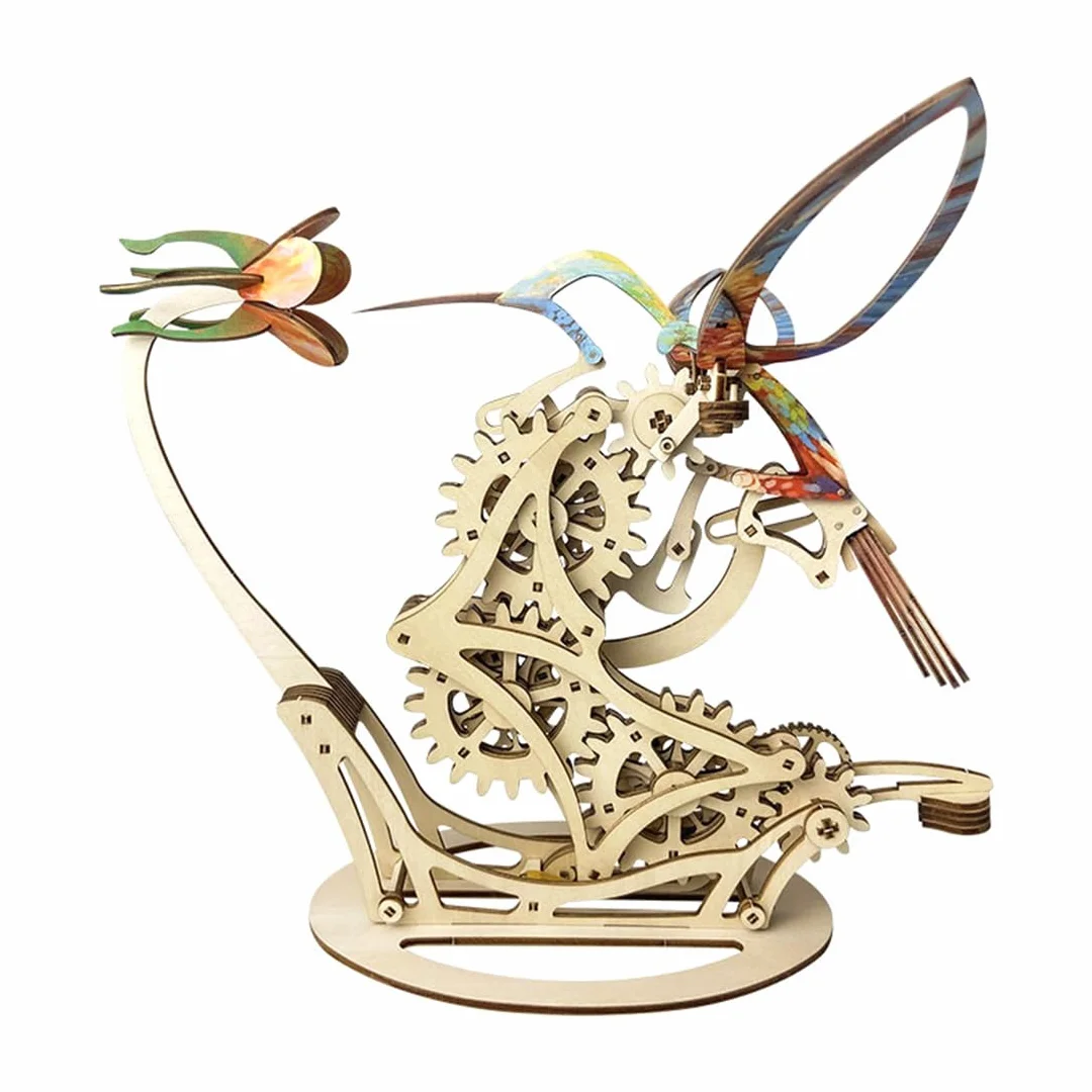 WANENGEDIY Kit di modellini 3D fai da te in legno colorato colibrì con trasmissione meccanica in legno, modello di animali, costruzione meccanica, kit artigianale per adulti e ragazzi, regali creativi