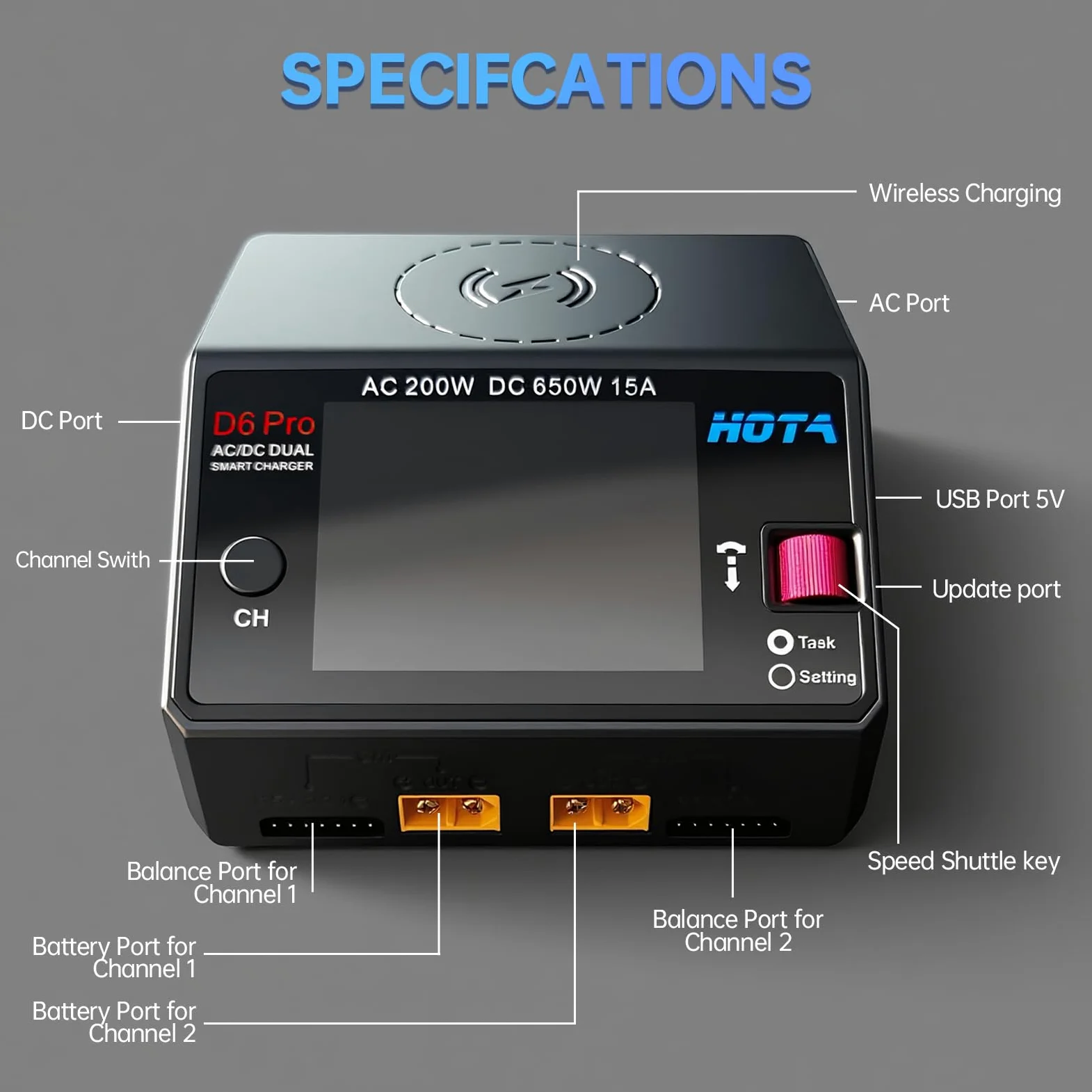 HOTA D6 Pro Lipo Caricabatterie intelligente a doppio canale AC200W DC650W 15A per LiHv Nicd NiMH Lipo RC Caricabatterie con Balance Phone Ricarica wireless RC Auto RC Barca FPV Race Drone Parti Nero