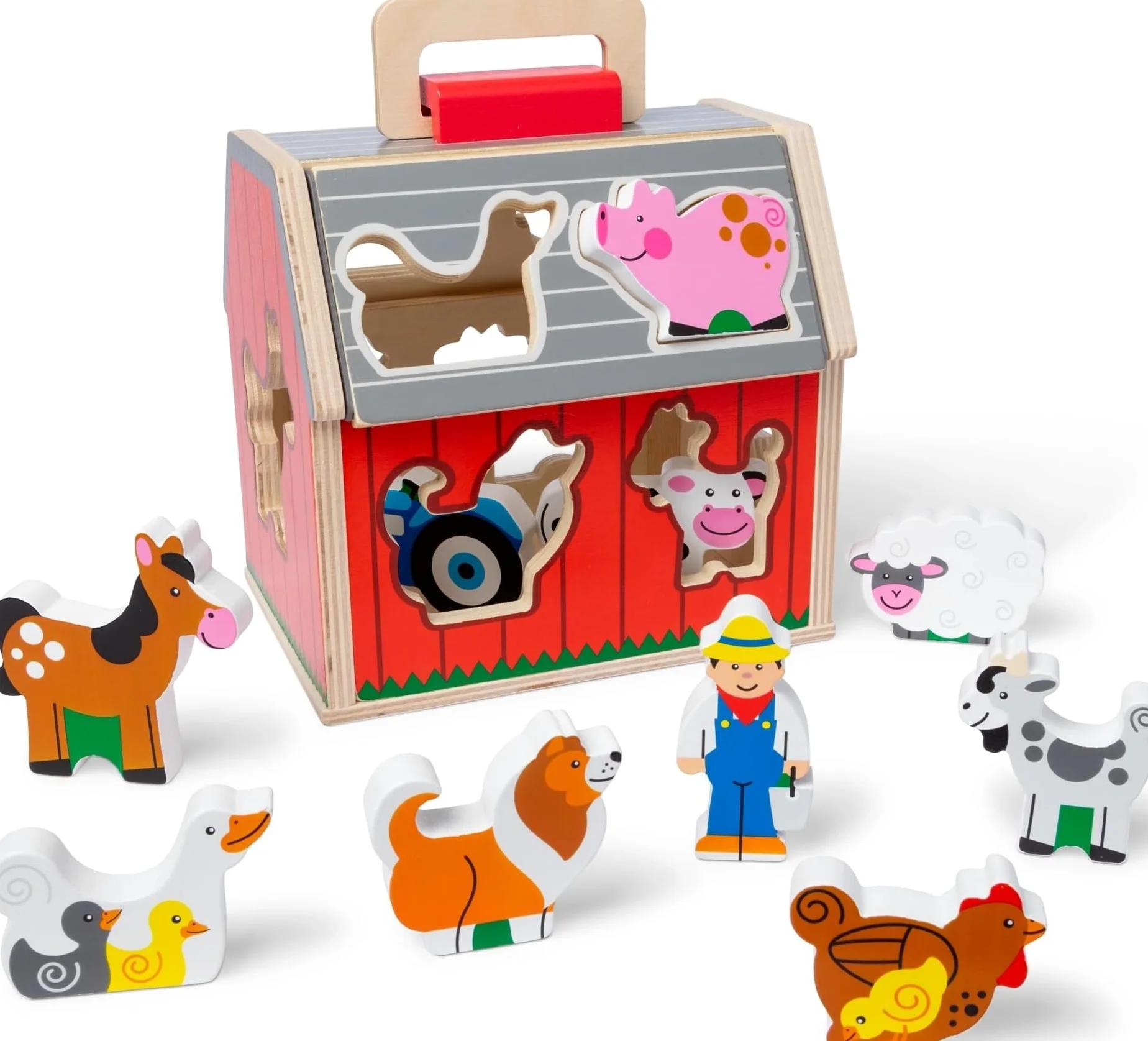 Melissa & Doug Fienile per giochi di incastro portatile in legno con tetto ribaltabile, maniglia e 10 pezzi in legno per giocare alla fattoria